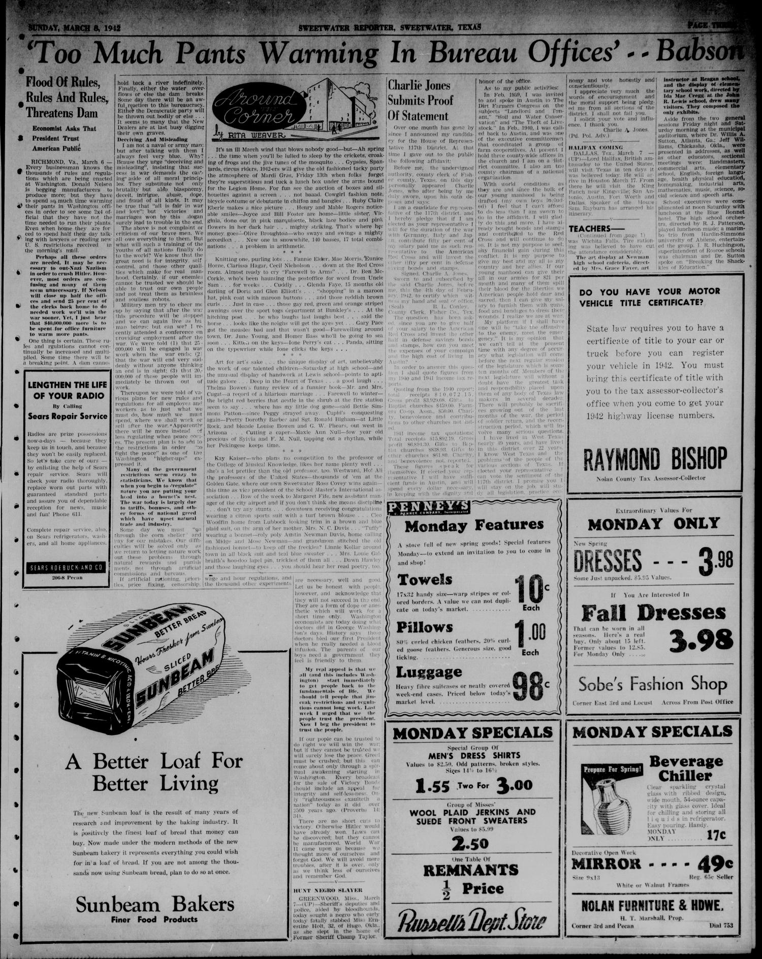 Sweetwater Reporter (Sweetwater, Tex.), Vol. 45, No. 225, Ed. 1 Sunday, March 8, 1942
                                                
                                                    [Sequence #]: 3 of 18
                                                