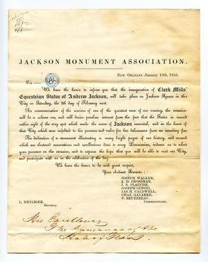 Primary view of object titled '[Invitation to inauguration of Clark Mills's equestrian statue of Andrew Jackson]'.