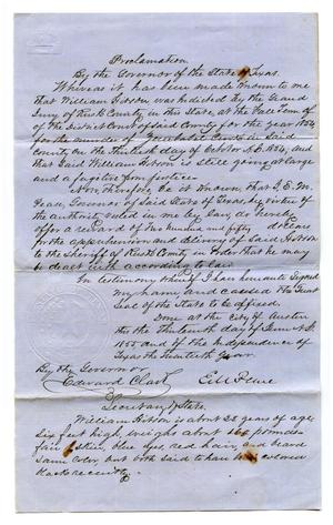 Primary view of object titled '[Proclamation from Governor E.M. Pease Regarding Criminal Fugitives, June 13, 1855]'.