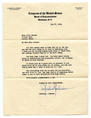 Primary view of object titled '[Correspondence to Julie Graham from Representative Lyndon Baines Johnson]'.