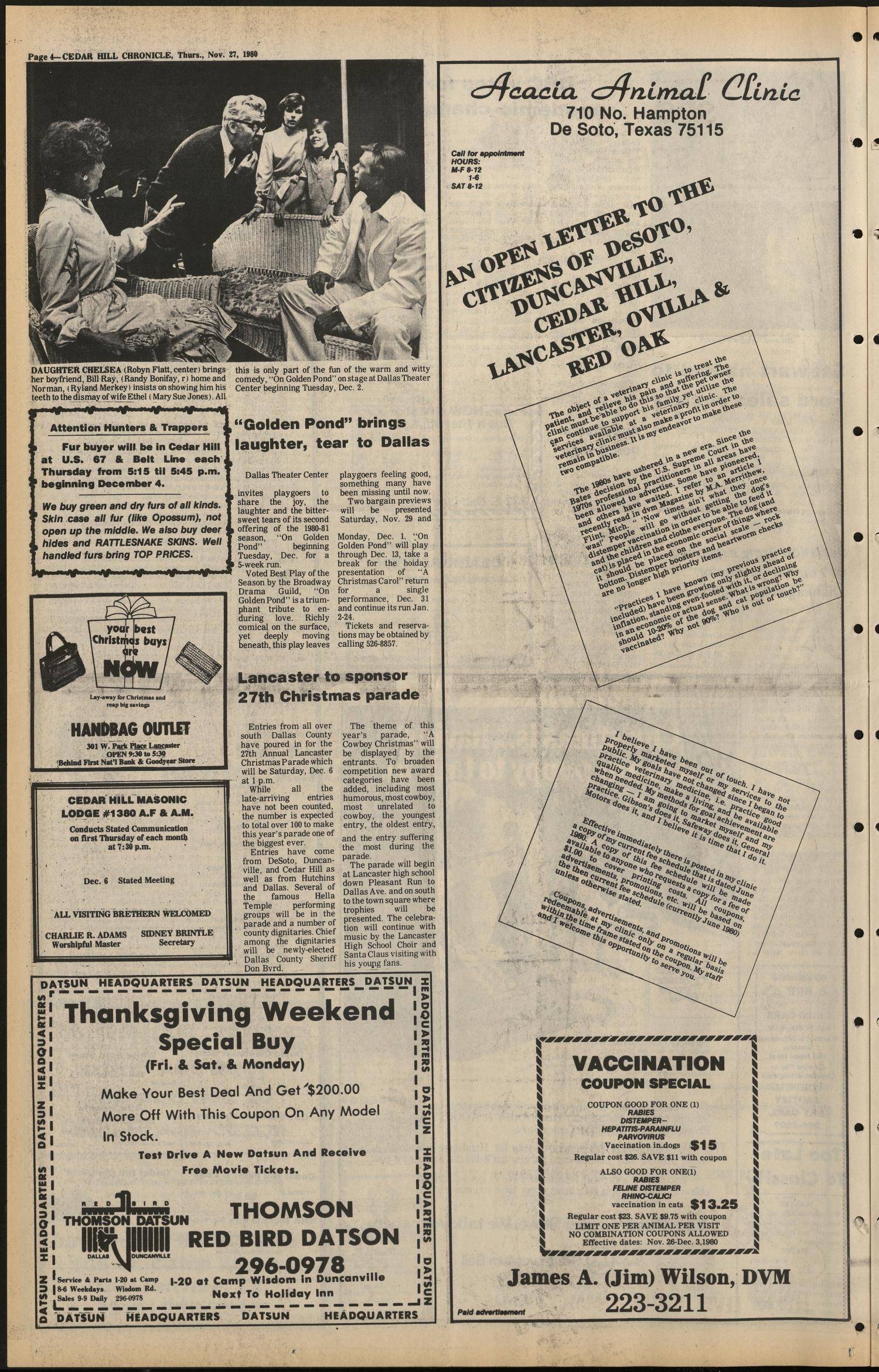 Cedar Hill Chronicle (Cedar Hill, Tex.), Vol. 17, No. 11, Ed. 1 Thursday, November 27, 1980
                                                
                                                    [Sequence #]: 4 of 24
                                                