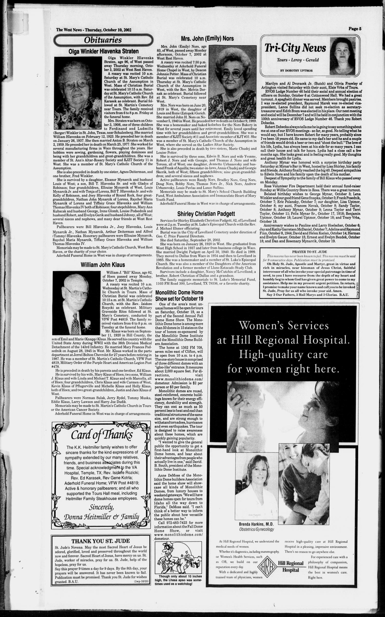 The West News (West, Tex.), Vol. 112, No. 41, Ed. 1 Thursday, October 10, 2002
                                                
                                                    [Sequence #]: 5 of 12
                                                