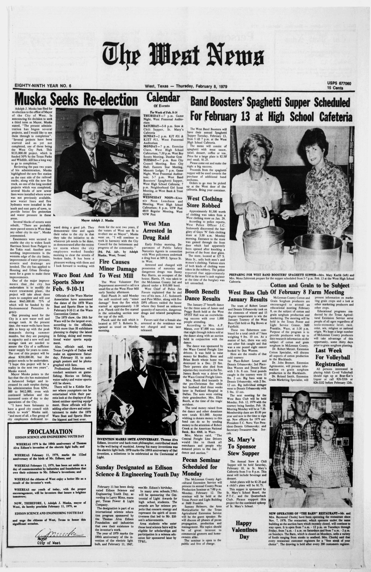 The West News (West, Tex.), Vol. 89, No. 6, Ed. 1 Thursday, February 8, 1979
                                                
                                                    [Sequence #]: 1 of 8
                                                