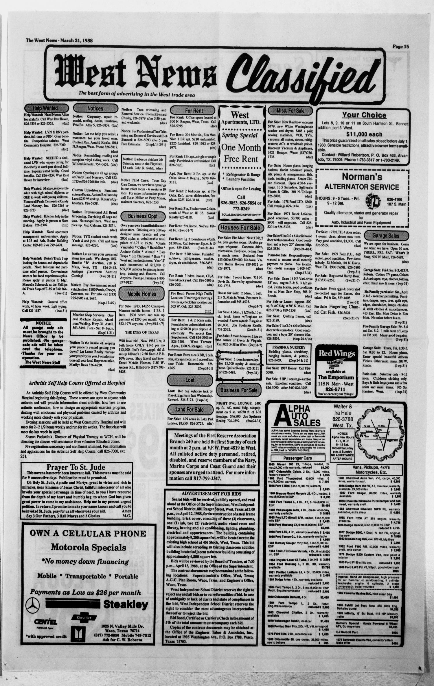 The West News (West, Tex.), Vol. 98, No. 13, Ed. 1 Thursday, March 31, 1988
                                                
                                                    [Sequence #]: 15 of 16
                                                