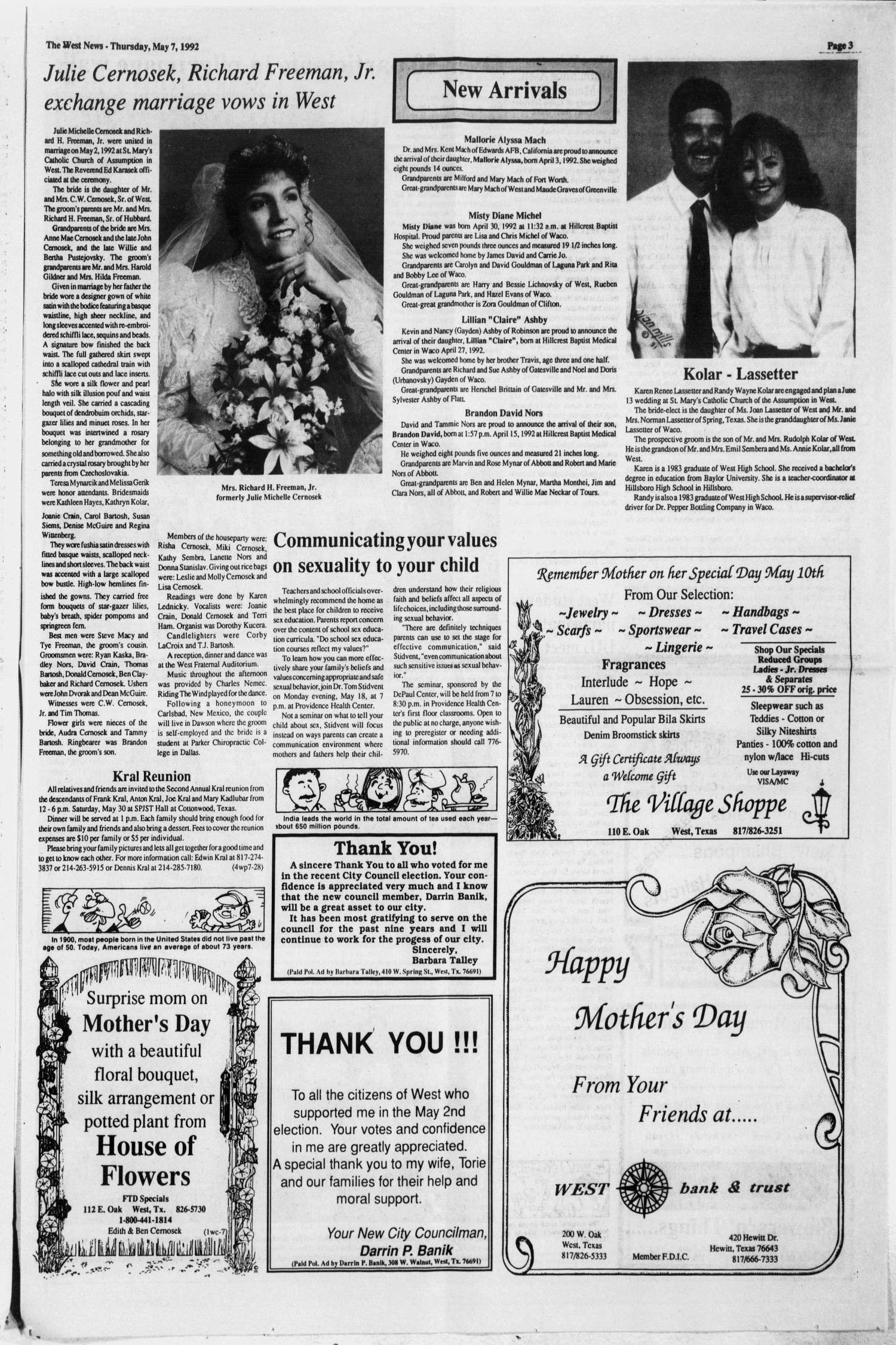 The West News (West, Tex.), Vol. 102, No. 19, Ed. 1 Thursday, May 7, 1992
                                                
                                                    [Sequence #]: 3 of 14
                                                