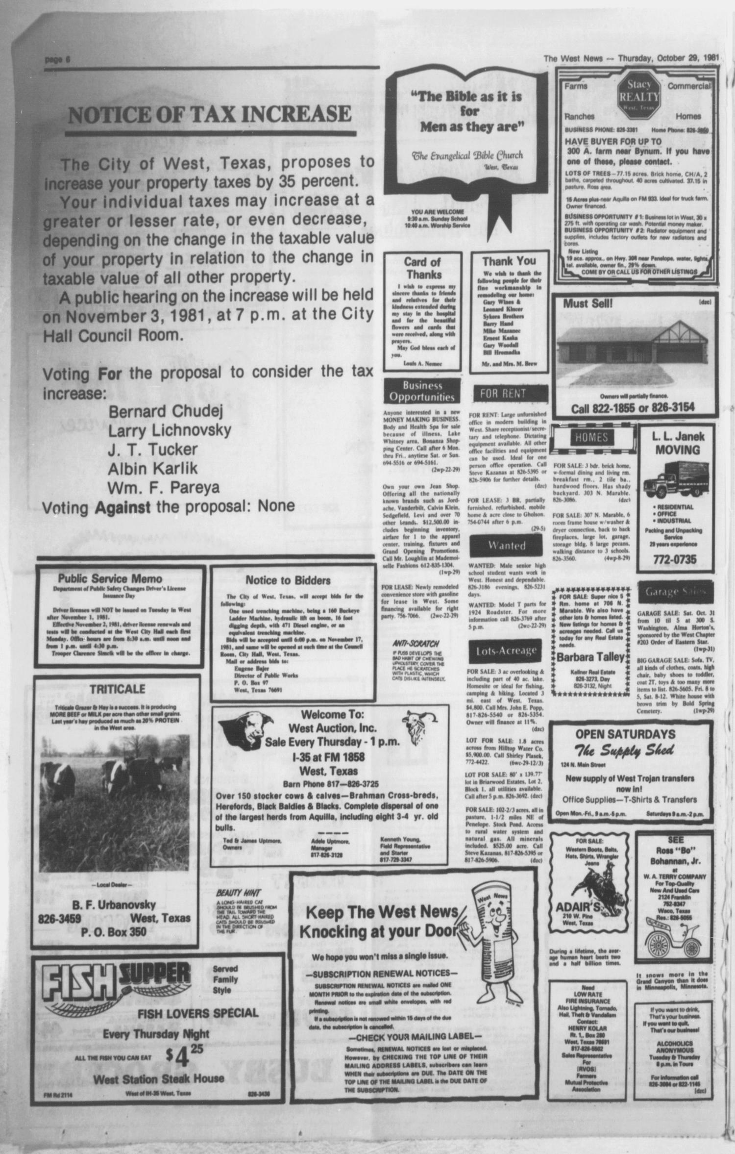 The West News (West, Tex.), Vol. 91, No. 44, Ed. 1 Thursday, October 29, 1981
                                                
                                                    [Sequence #]: 6 of 14
                                                