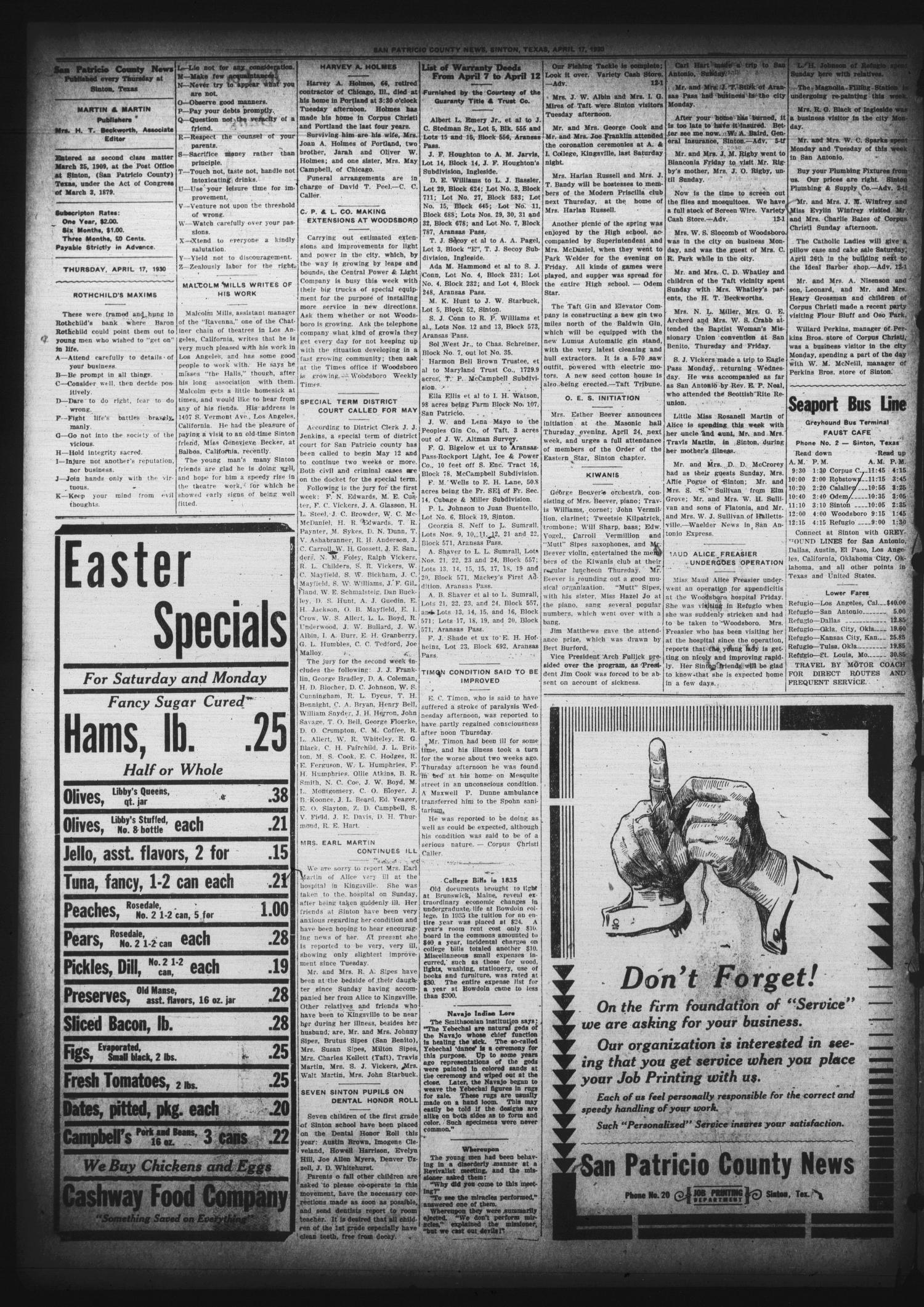 San Patricio County News (Sinton, Tex.), Vol. 22, No. 12, Ed. 1 Thursday, April 17, 1930
                                                
                                                    [Sequence #]: 4 of 8
                                                
