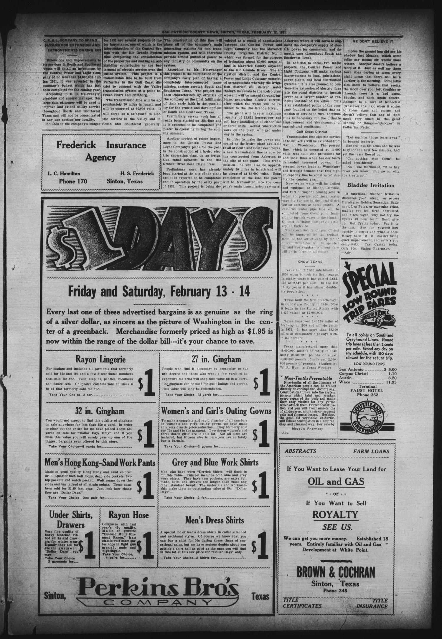 San Patricio County News (Sinton, Tex.), Vol. 23, No. 4, Ed. 1 Thursday, February 12, 1931
                                                
                                                    [Sequence #]: 3 of 8
                                                