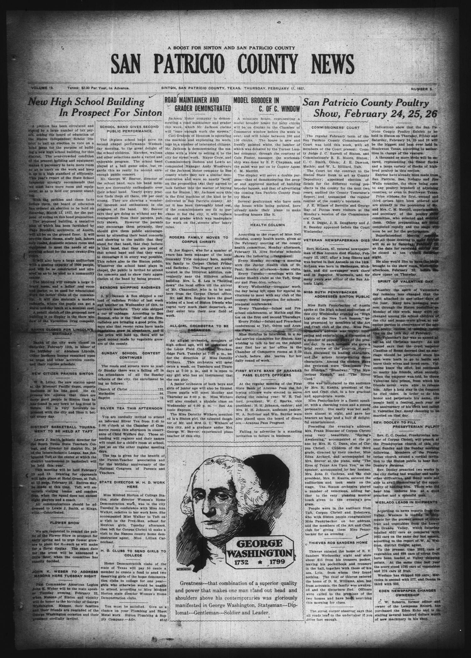 San Patricio County News (Sinton, Tex.), Vol. 19, No. 3, Ed. 1 Thursday, February 17, 1927
                                                
                                                    [Sequence #]: 1 of 8
                                                