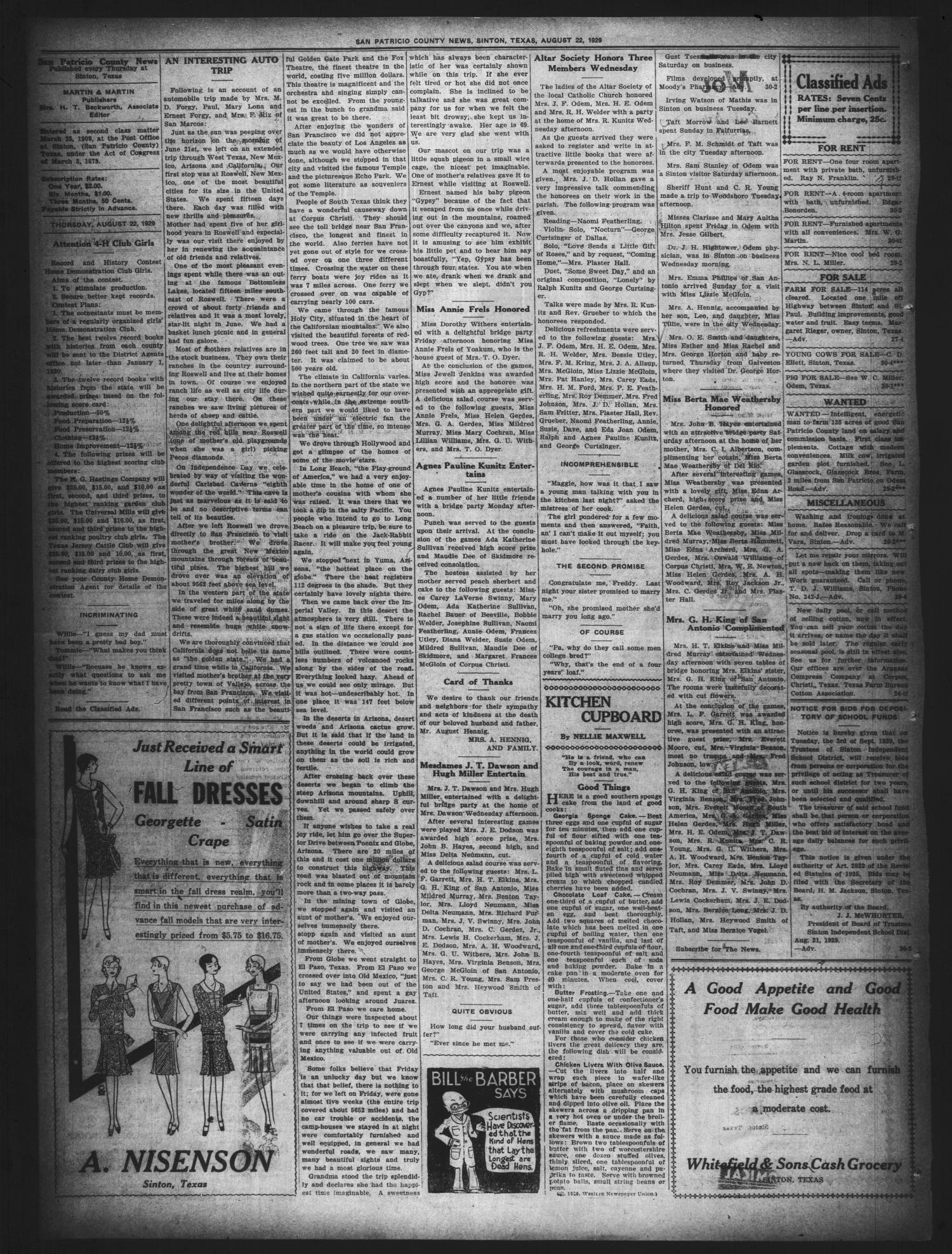 San Patricio County News (Sinton, Tex.), Vol. 21, No. 30, Ed. 1 Thursday, August 22, 1929
                                                
                                                    [Sequence #]: 4 of 8
                                                