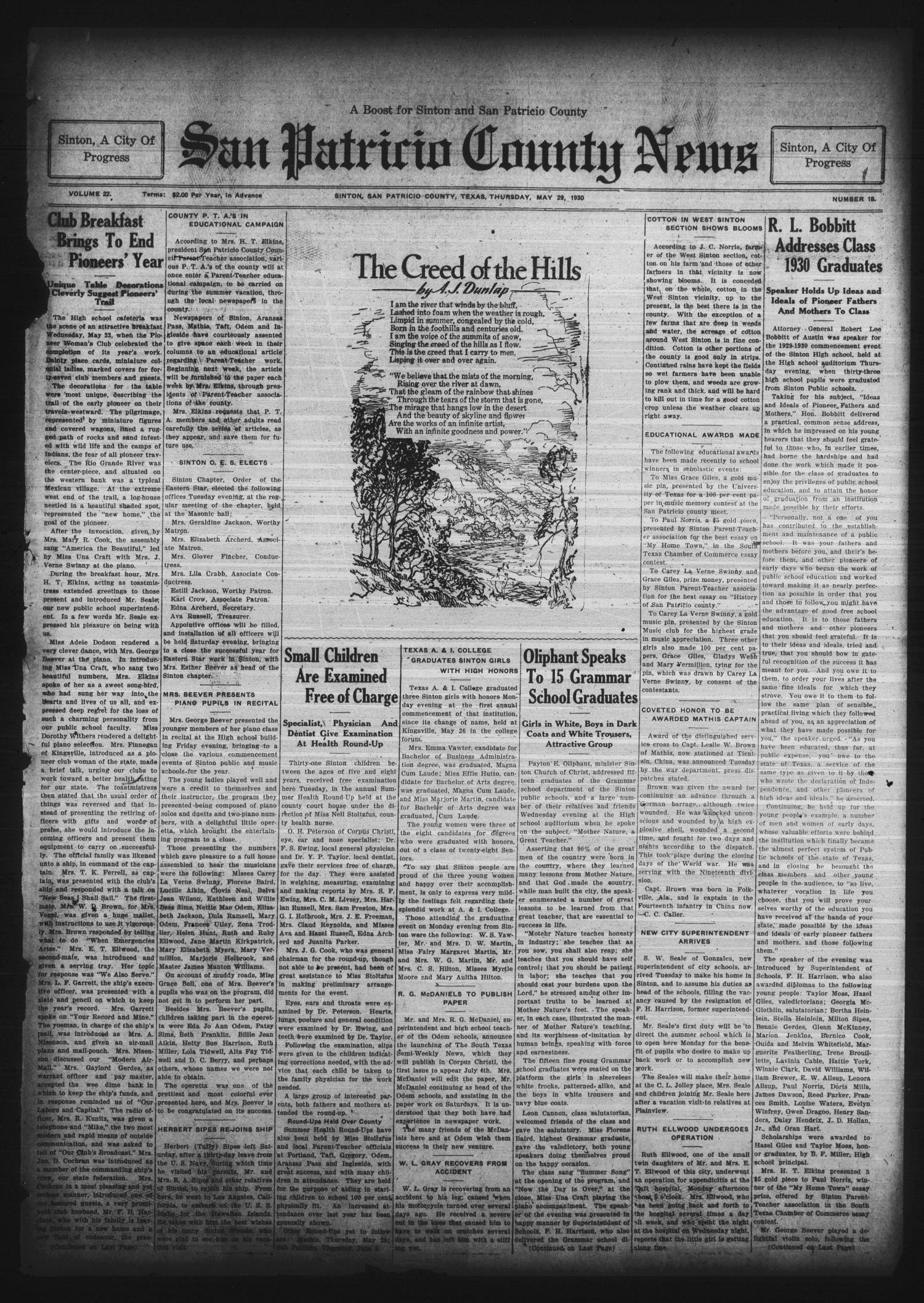 San Patricio County News (Sinton, Tex.), Vol. 22, No. 18, Ed. 1 Thursday, May 29, 1930
                                                
                                                    [Sequence #]: 1 of 8
                                                