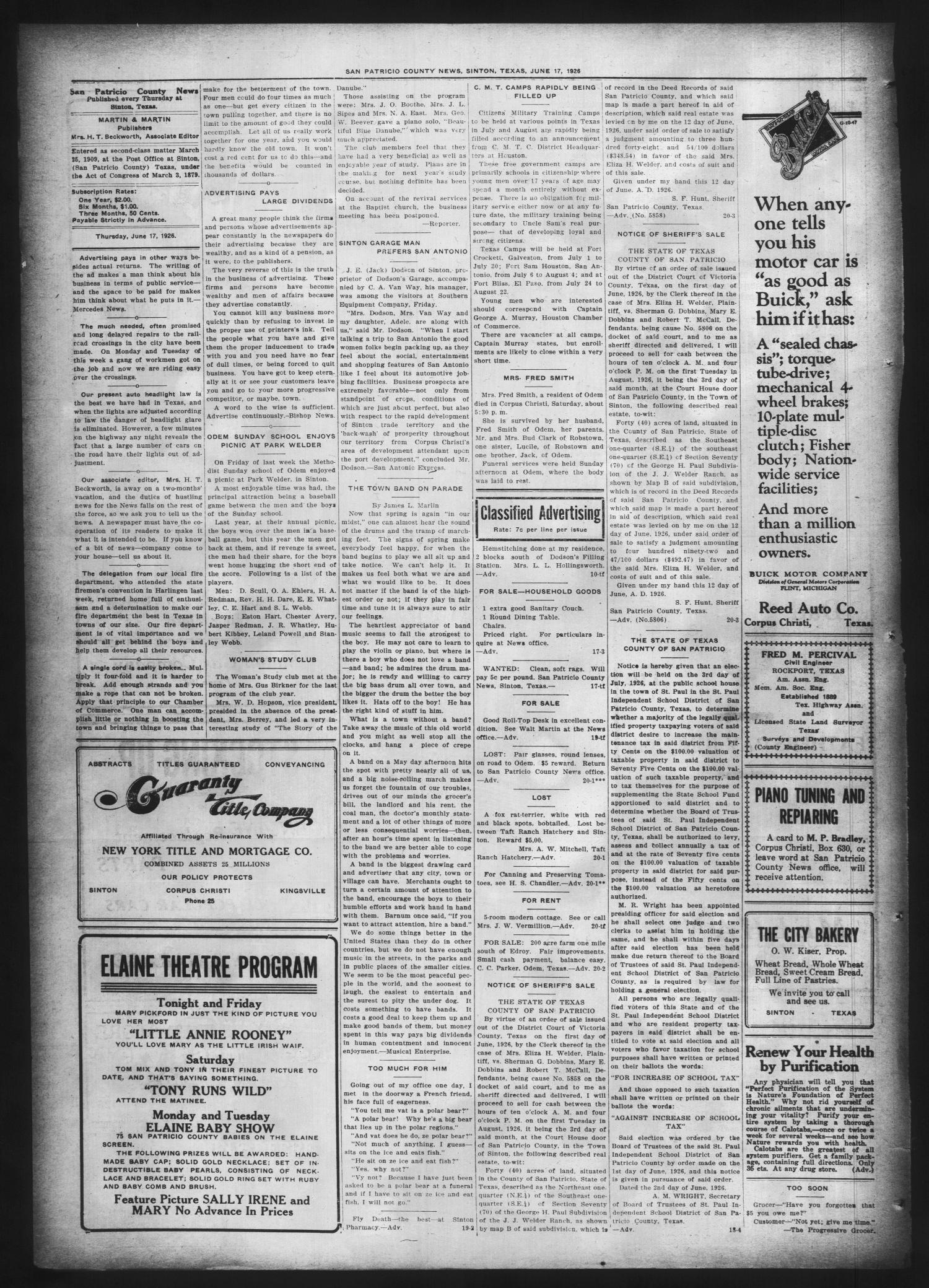 San Patricio County News (Sinton, Tex.), Vol. 18, No. 20, Ed. 1 Thursday, June 17, 1926
                                                
                                                    [Sequence #]: 4 of 8
                                                