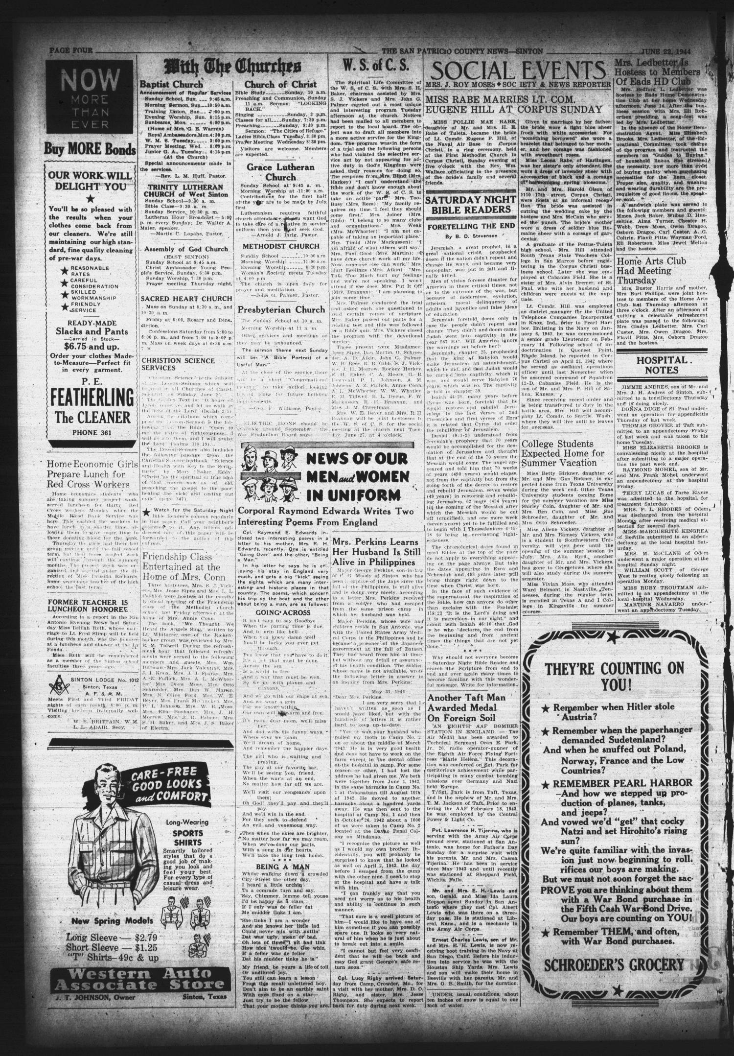 San Patricio County News (Sinton, Tex.), Vol. 36, No. 24, Ed. 1 Thursday, June 22, 1944
                                                
                                                    [Sequence #]: 4 of 8
                                                