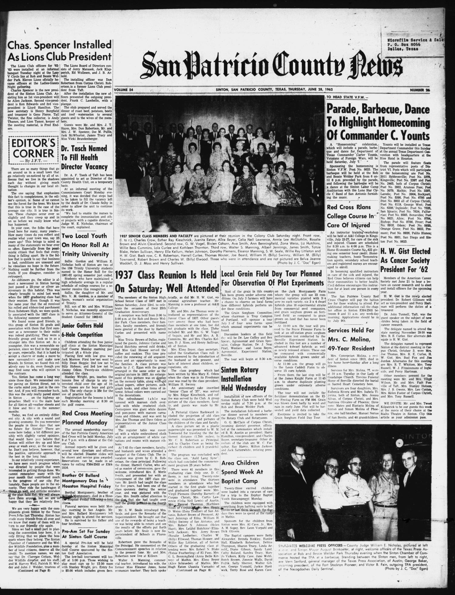 San Patricio County News (Sinton, Tex.), Vol. 54, No. 26, Ed. 1 Thursday, June 28, 1962
                                                
                                                    [Sequence #]: 1 of 7
                                                