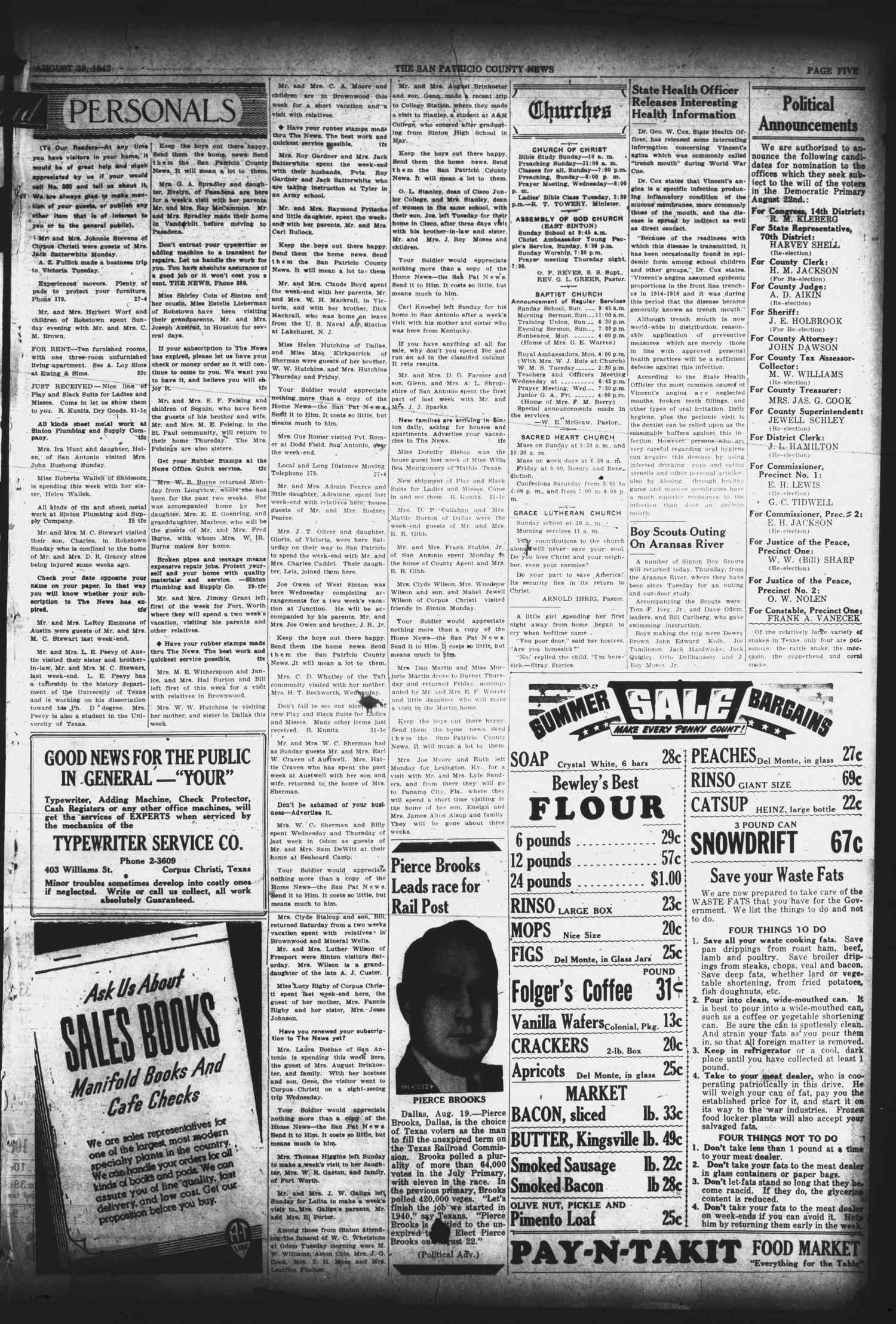 San Patricio County News (Sinton, Tex.), Vol. 34, No. 32, Ed. 1 Thursday, August 20, 1942
                                                
                                                    [Sequence #]: 5 of 8
                                                