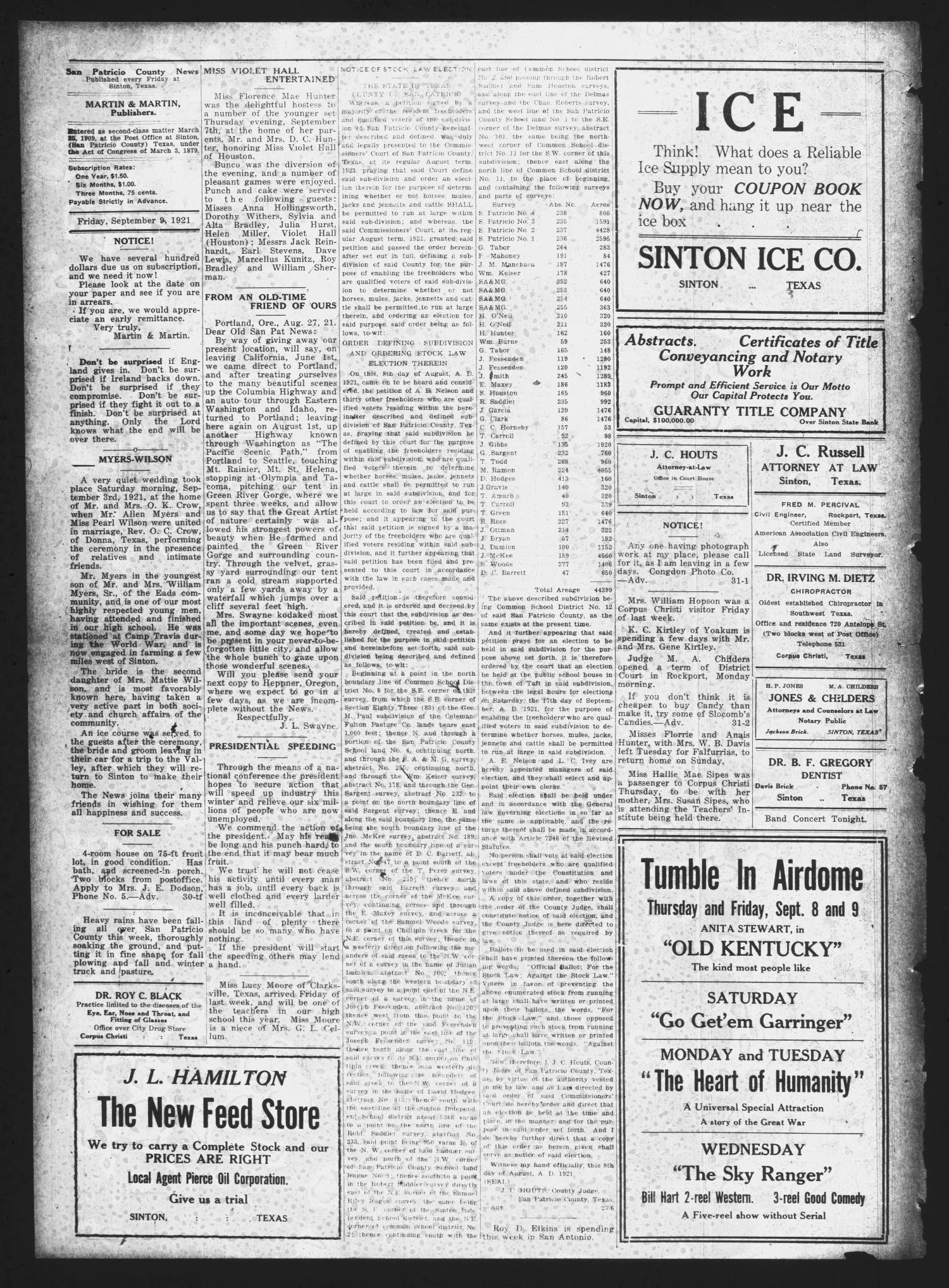 San Patricio County News (Sinton, Tex.), Vol. 13, No. 31, Ed. 1 Friday, September 9, 1921
                                                
                                                    [Sequence #]: 2 of 6
                                                
