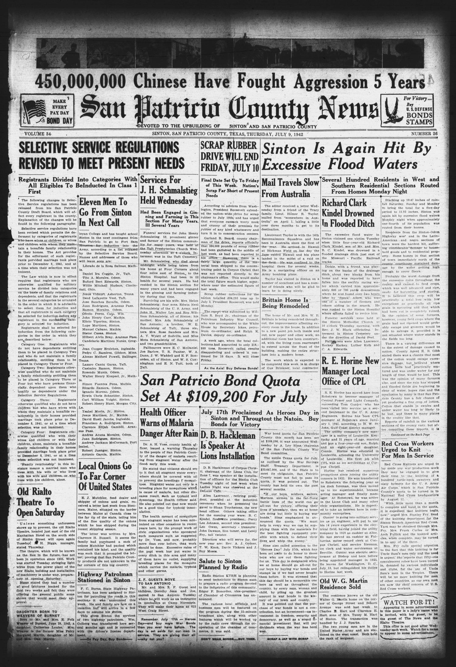 San Patricio County News (Sinton, Tex.), Vol. 34, No. 26, Ed. 1 Thursday, July 9, 1942
                                                
                                                    [Sequence #]: 1 of 8
                                                