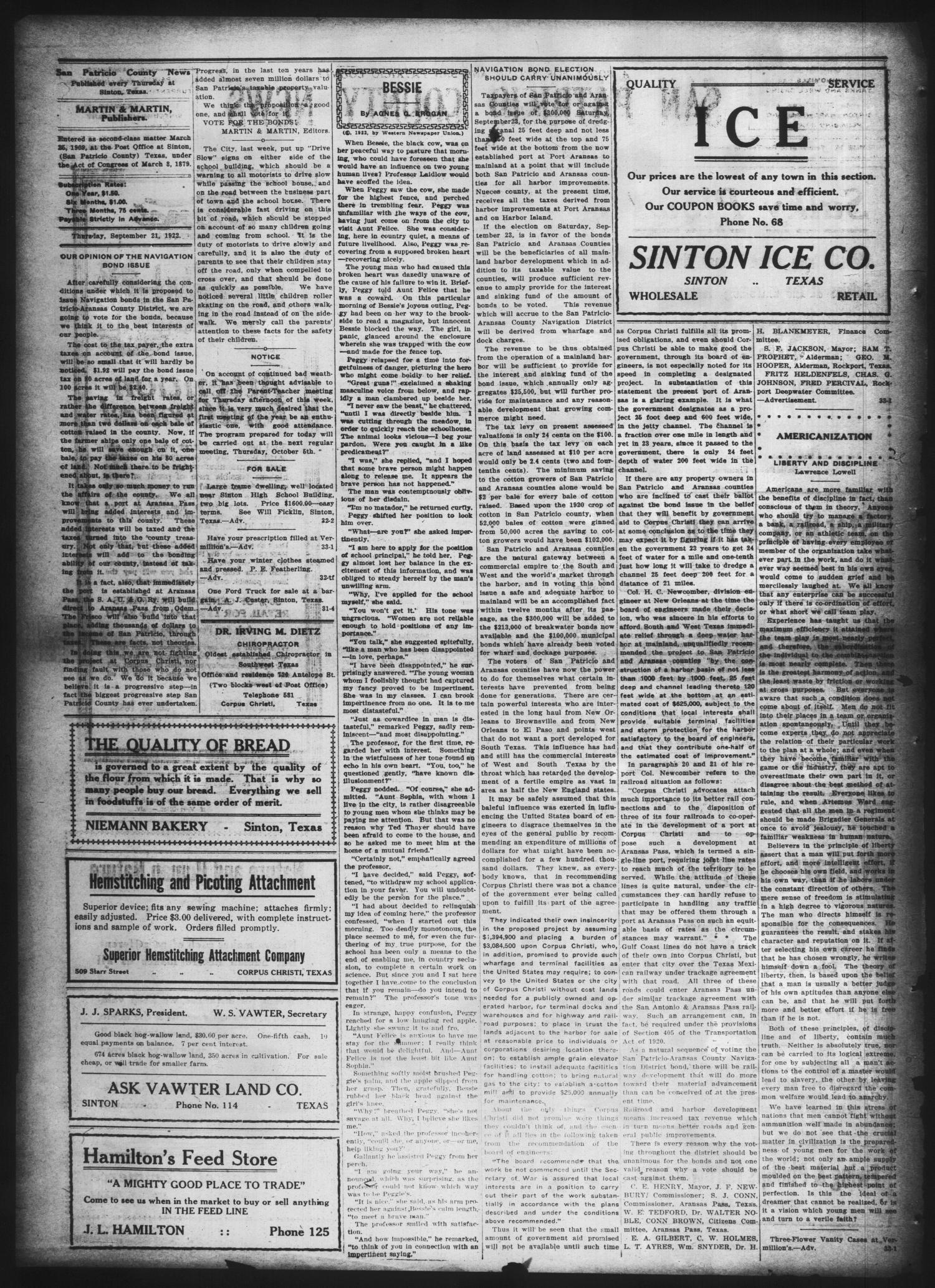 San Patricio County News (Sinton, Tex.), Vol. 14, No. 33, Ed. 1 Thursday, September 21, 1922
                                                
                                                    [Sequence #]: 2 of 6
                                                