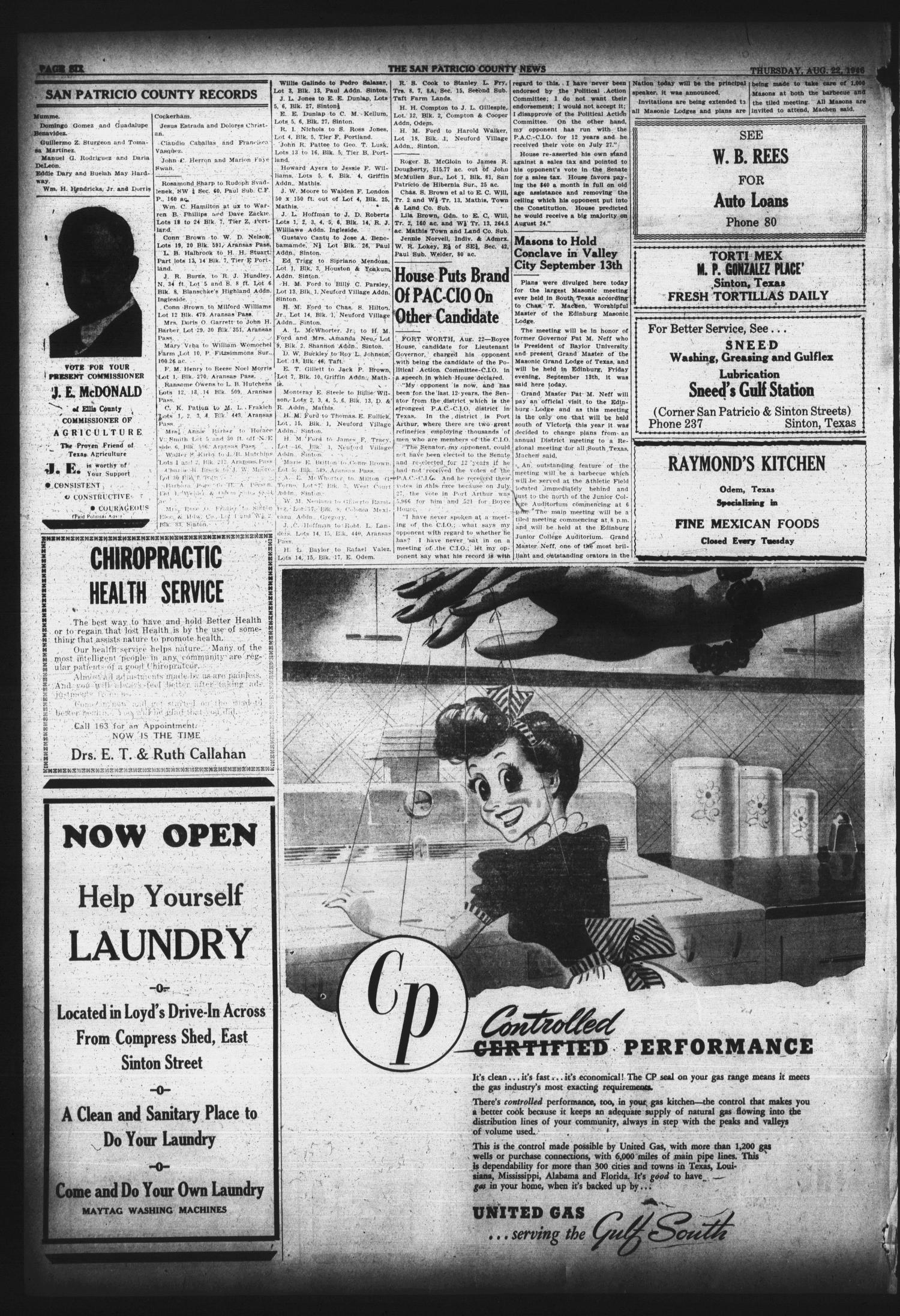 San Patricio County News (Sinton, Tex.), Vol. 38, No. 33, Ed. 1 Thursday, August 22, 1946
                                                
                                                    [Sequence #]: 6 of 8
                                                