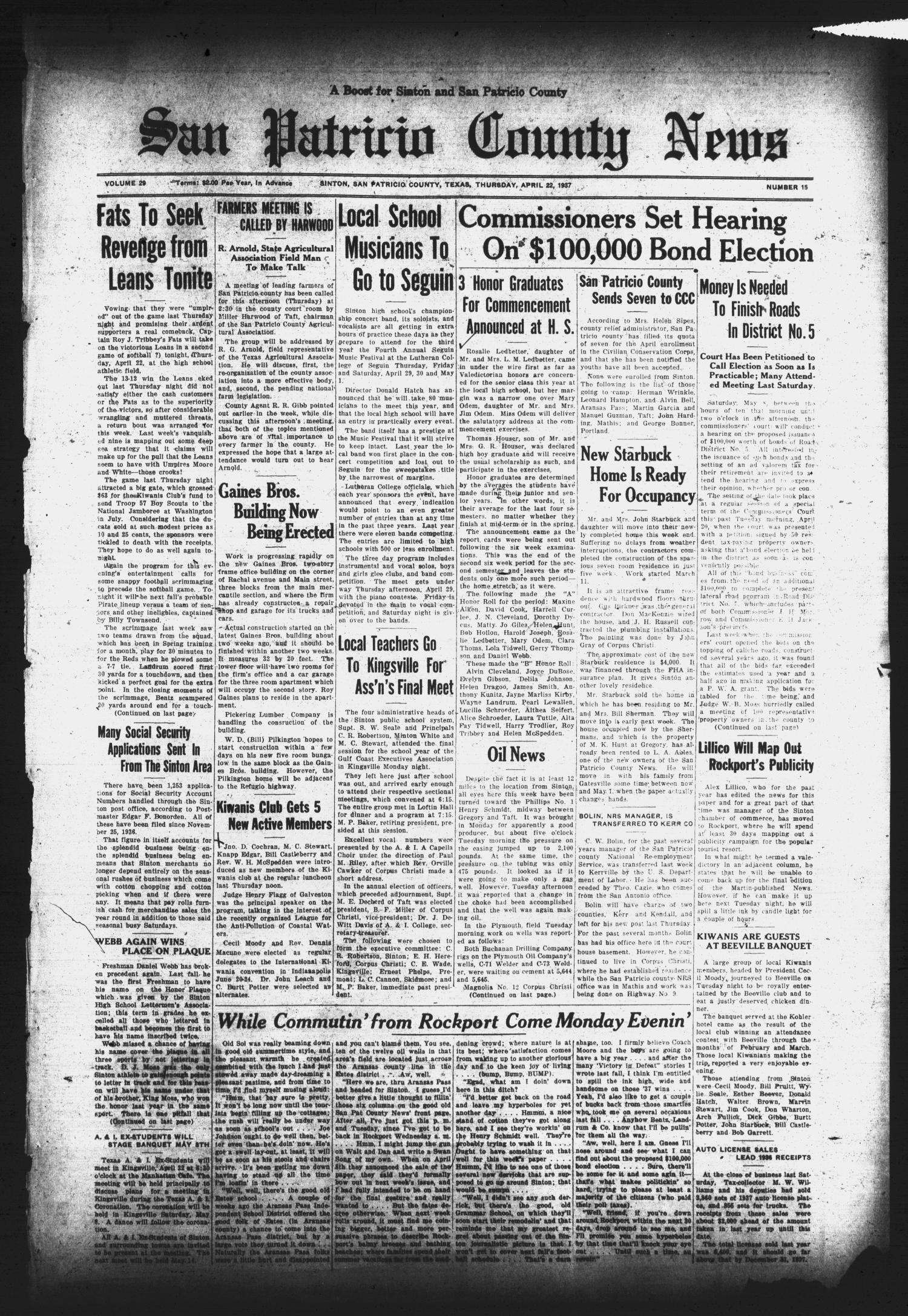 San Patricio County News (Sinton, Tex.), Vol. 29, No. 15, Ed. 1 Thursday, April 22, 1937
                                                
                                                    [Sequence #]: 1 of 8
                                                