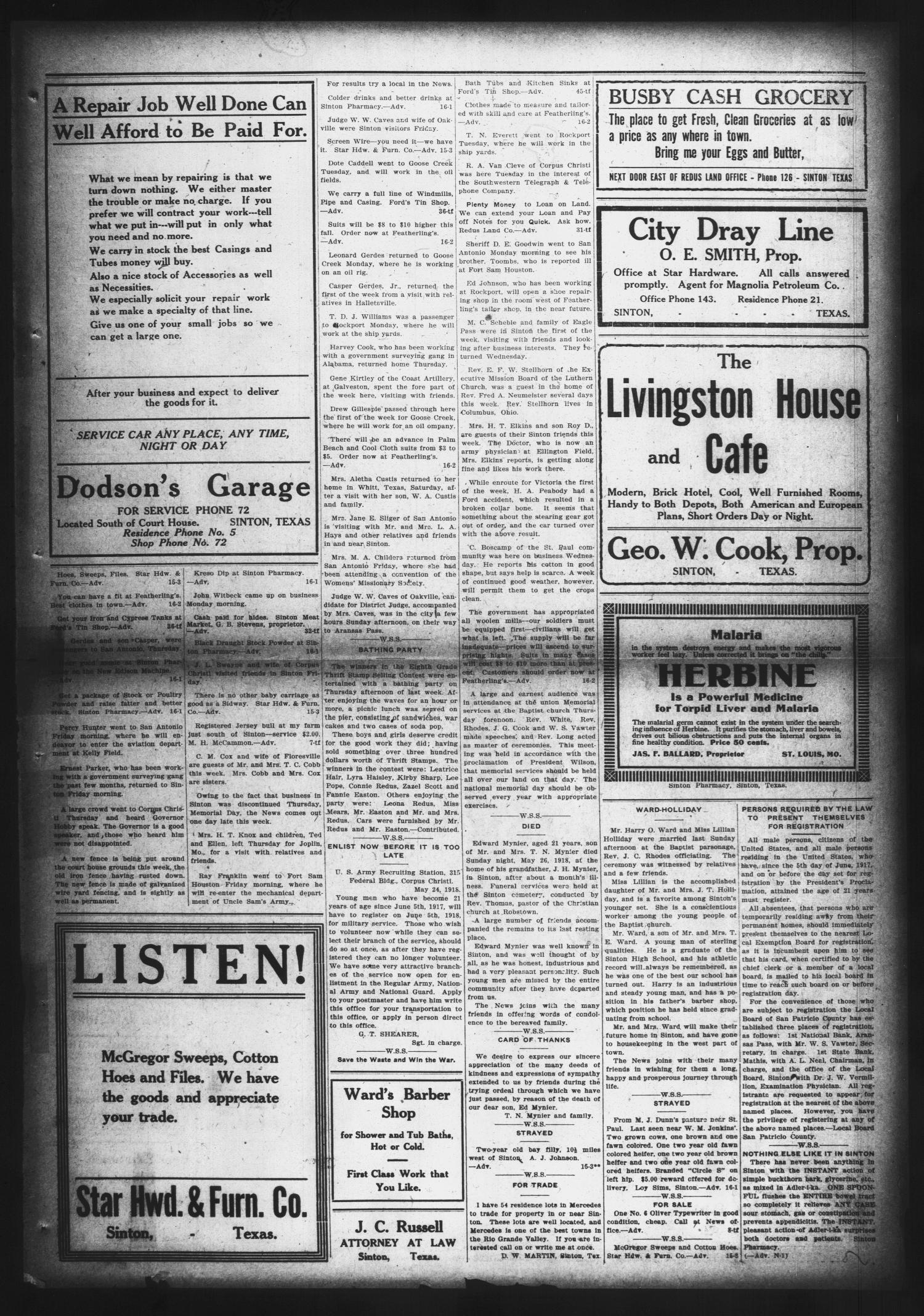 San Patricio County News (Sinton, Tex.), Vol. 10, No. 16, Ed. 1 Friday, May 31, 1918
                                                
                                                    [Sequence #]: 3 of 4
                                                