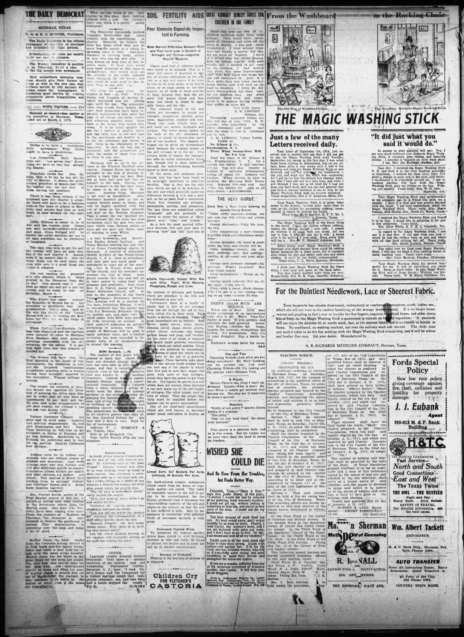 Sherman Daily Democrat (Sherman, Tex.), Vol. THIRTY-FOURTH YEAR, Ed. 1 Thursday, January 28, 1915
                                                
                                                    [Sequence #]: 2 of 8
                                                