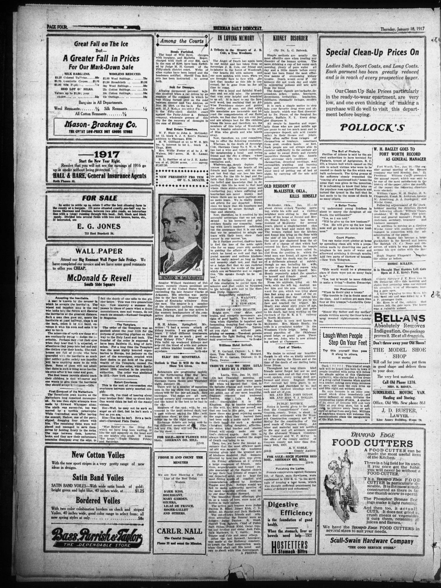 Sherman Daily Democrat (Sherman, Tex.), Vol. THIRTY-SIXTH YEAR, Ed. 1 Thursday, January 18, 1917
                                                
                                                    [Sequence #]: 4 of 8
                                                