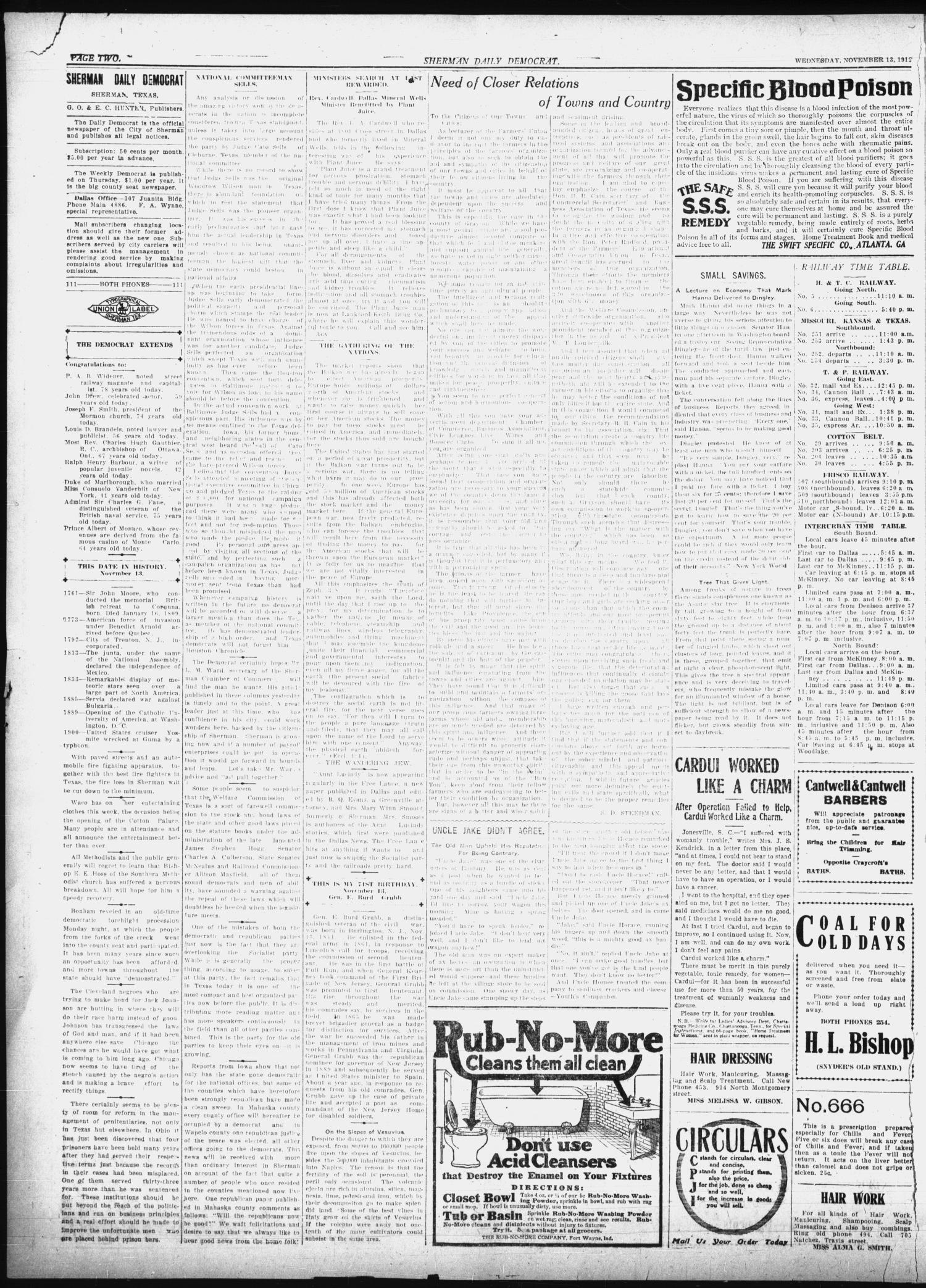 Sherman Daily Democrat (Sherman, Tex.), Vol. 32, Ed. 1 Wednesday, November 13, 1912
                                                
                                                    [Sequence #]: 2 of 8
                                                