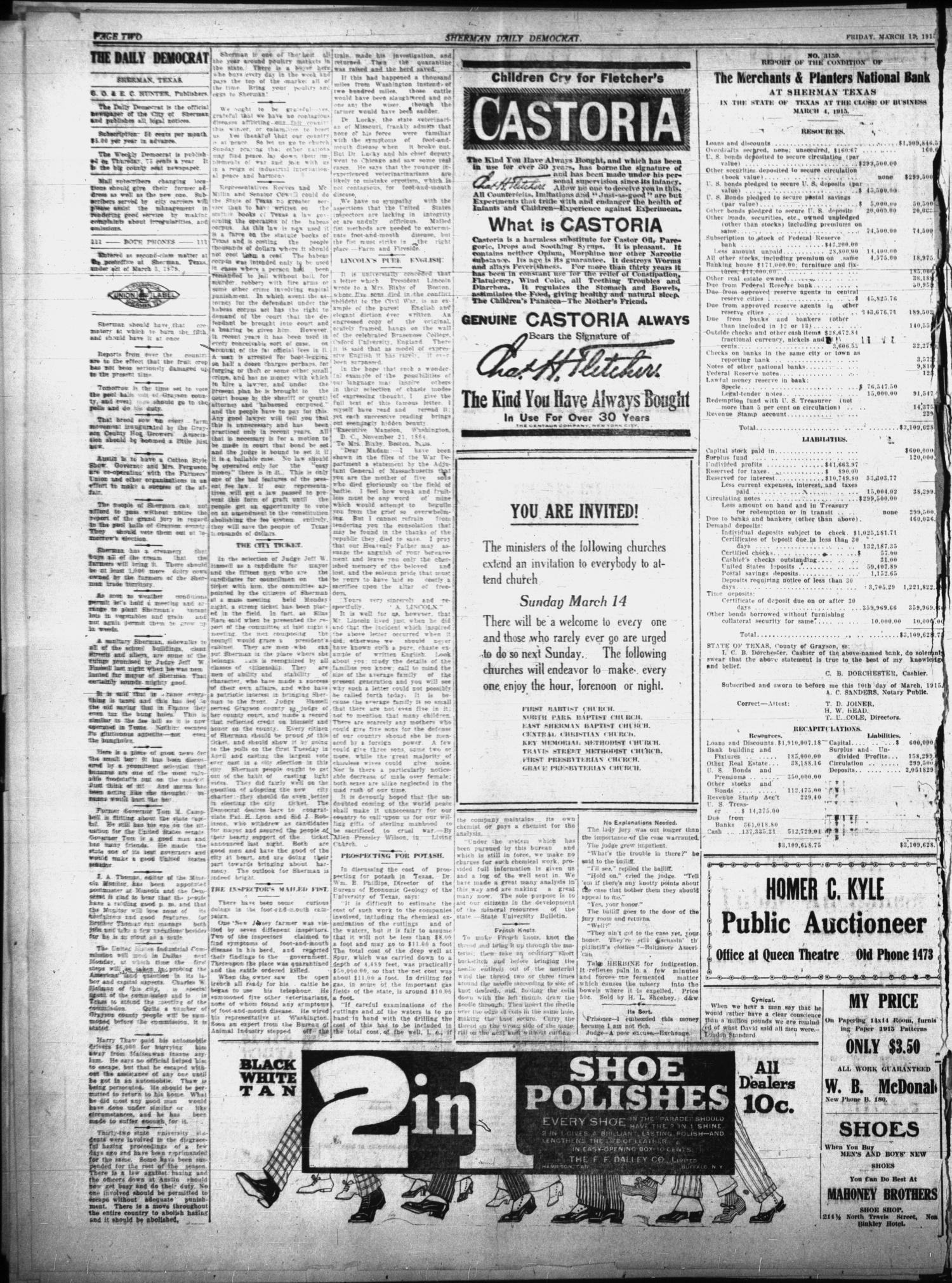 Sherman Daily Democrat (Sherman, Tex.), Vol. THIRTY-FOURTH YEAR, Ed. 1 Friday, March 12, 1915
                                                
                                                    [Sequence #]: 2 of 8
                                                