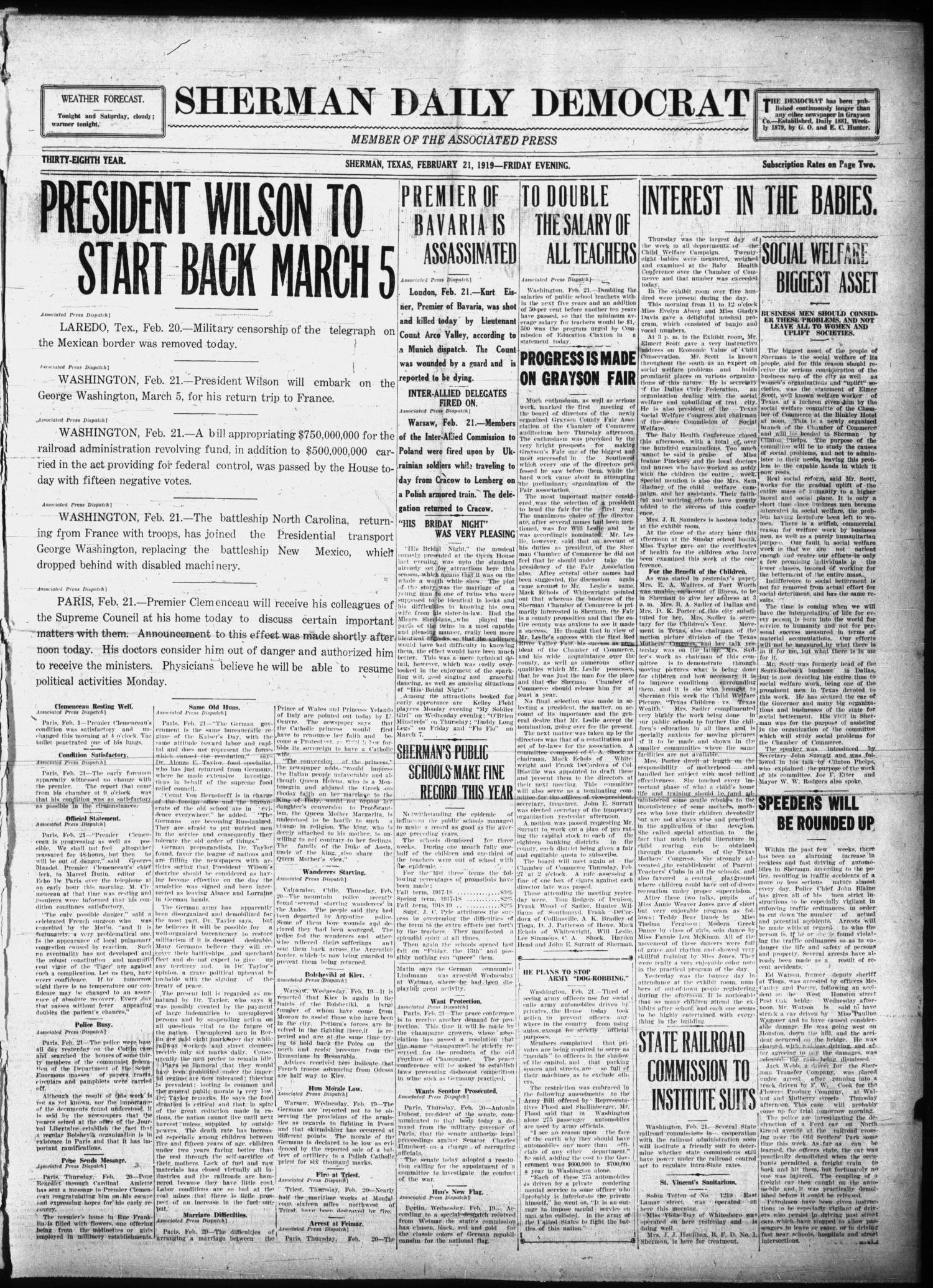 Sherman Daily Democrat (Sherman, Tex.), Vol. THIRTY-EITHTH YEAR, Ed. 1 Friday, February 21, 1919
                                                
                                                    [Sequence #]: 1 of 8
                                                