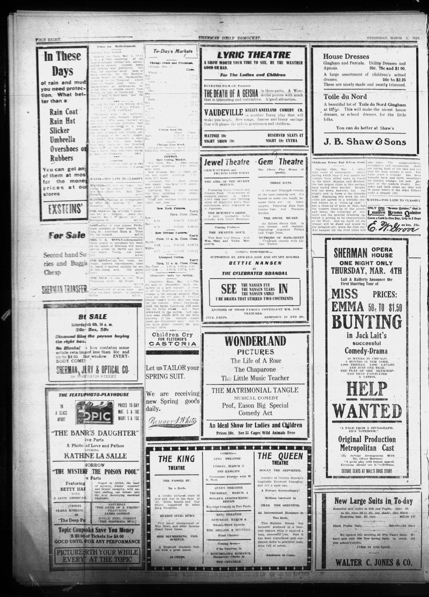 Sherman Daily Democrat (Sherman, Tex.), Vol. THIRTY-FOURTH YEAR, Ed. 1 Wednesday, March 3, 1915
                                                
                                                    [Sequence #]: 8 of 8
                                                
