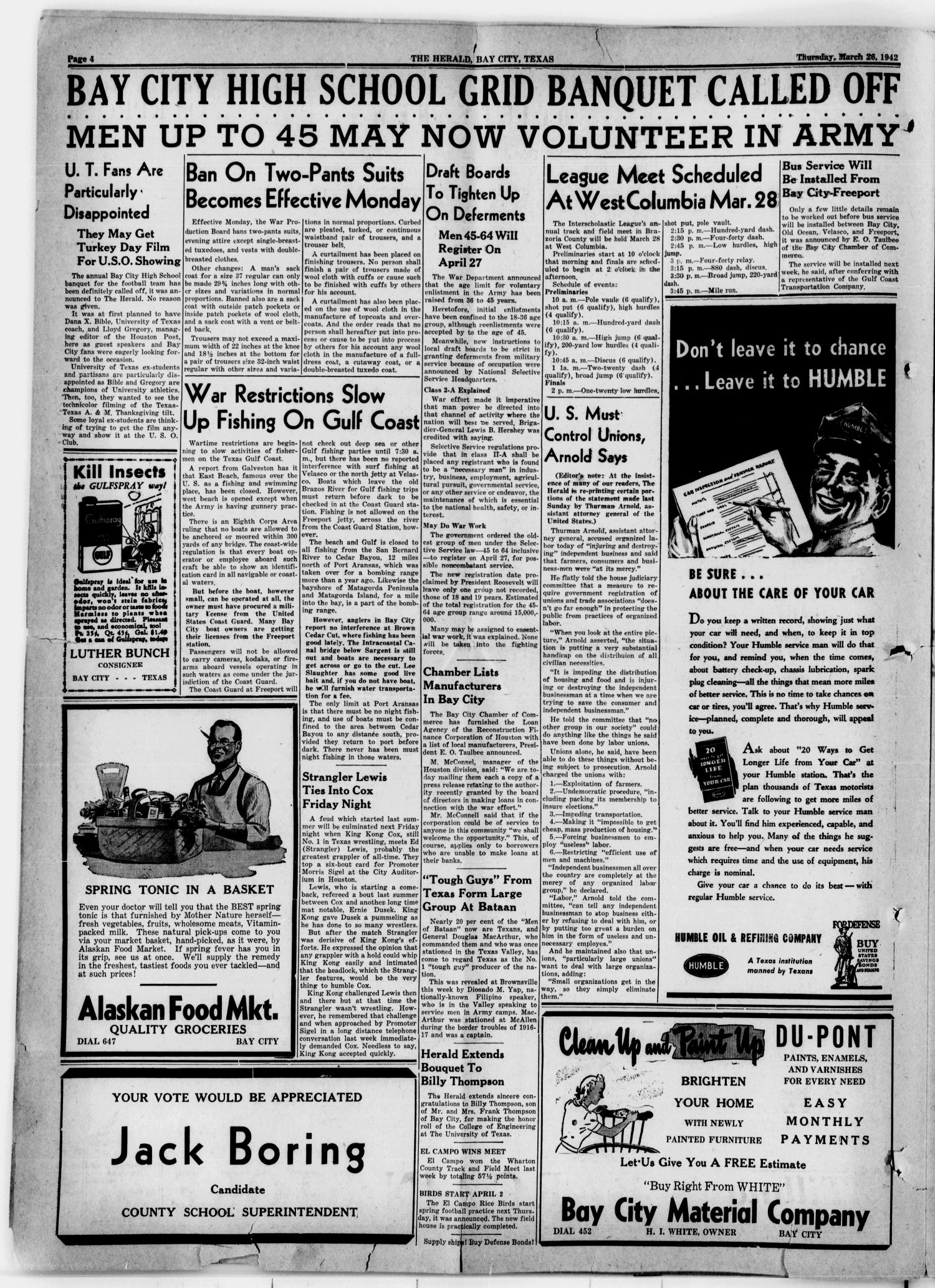The Herald (Bay City, Tex.), Vol. 3, No. 26, Ed. 1 Thursday, March 26, 1942
                                                
                                                    [Sequence #]: 4 of 8
                                                