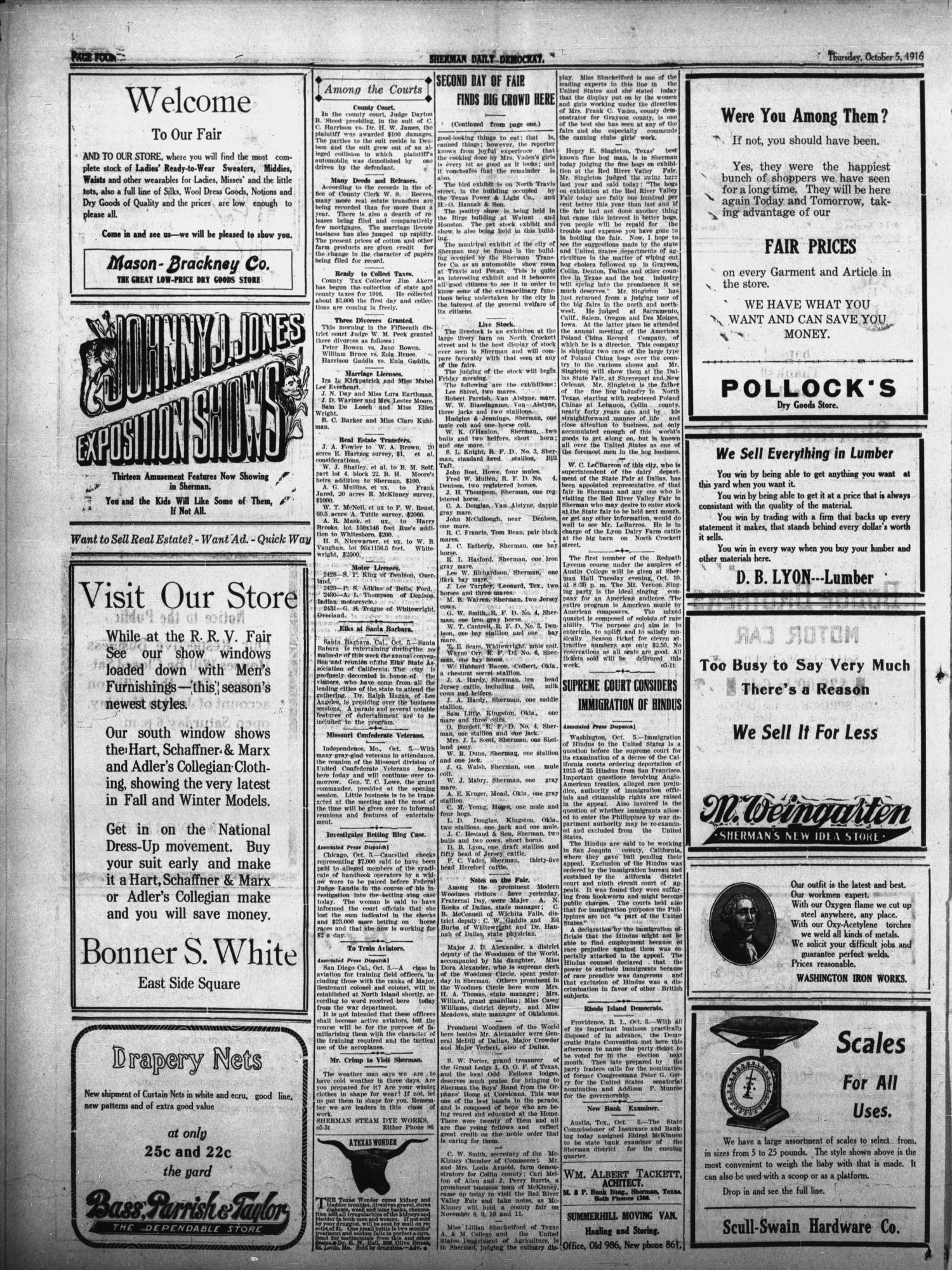 Sherman Daily Democrat (Sherman, Tex.), Vol. THIRTY-SIXTH YEAR, Ed. 1 Thursday, October 5, 1916
                                                
                                                    [Sequence #]: 4 of 8
                                                