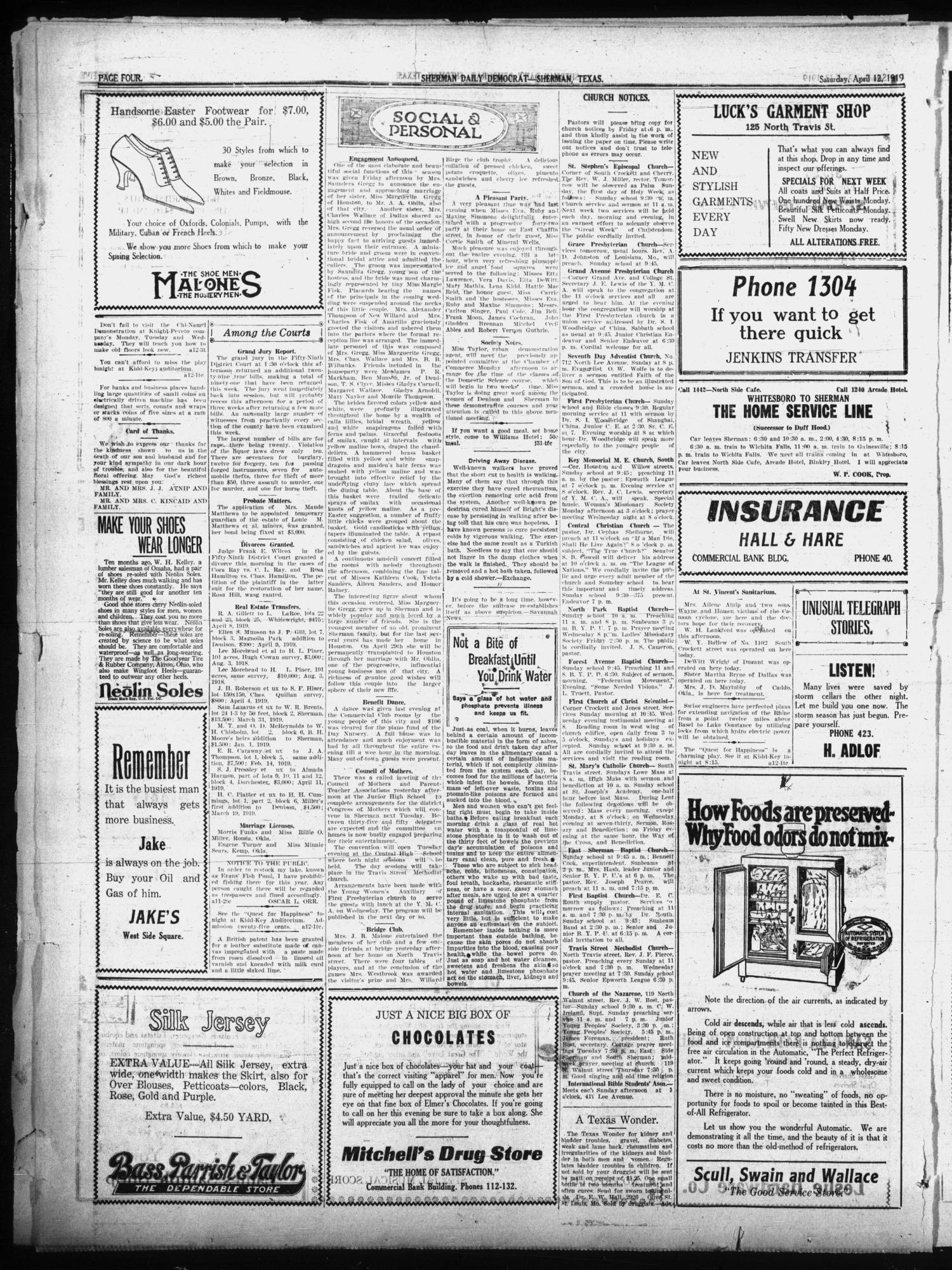 Sherman Daily Democrat (Sherman, Tex.), Vol. THIRTY-EITHTH YEAR, Ed. 1 Saturday, April 12, 1919
                                                
                                                    [Sequence #]: 4 of 8
                                                