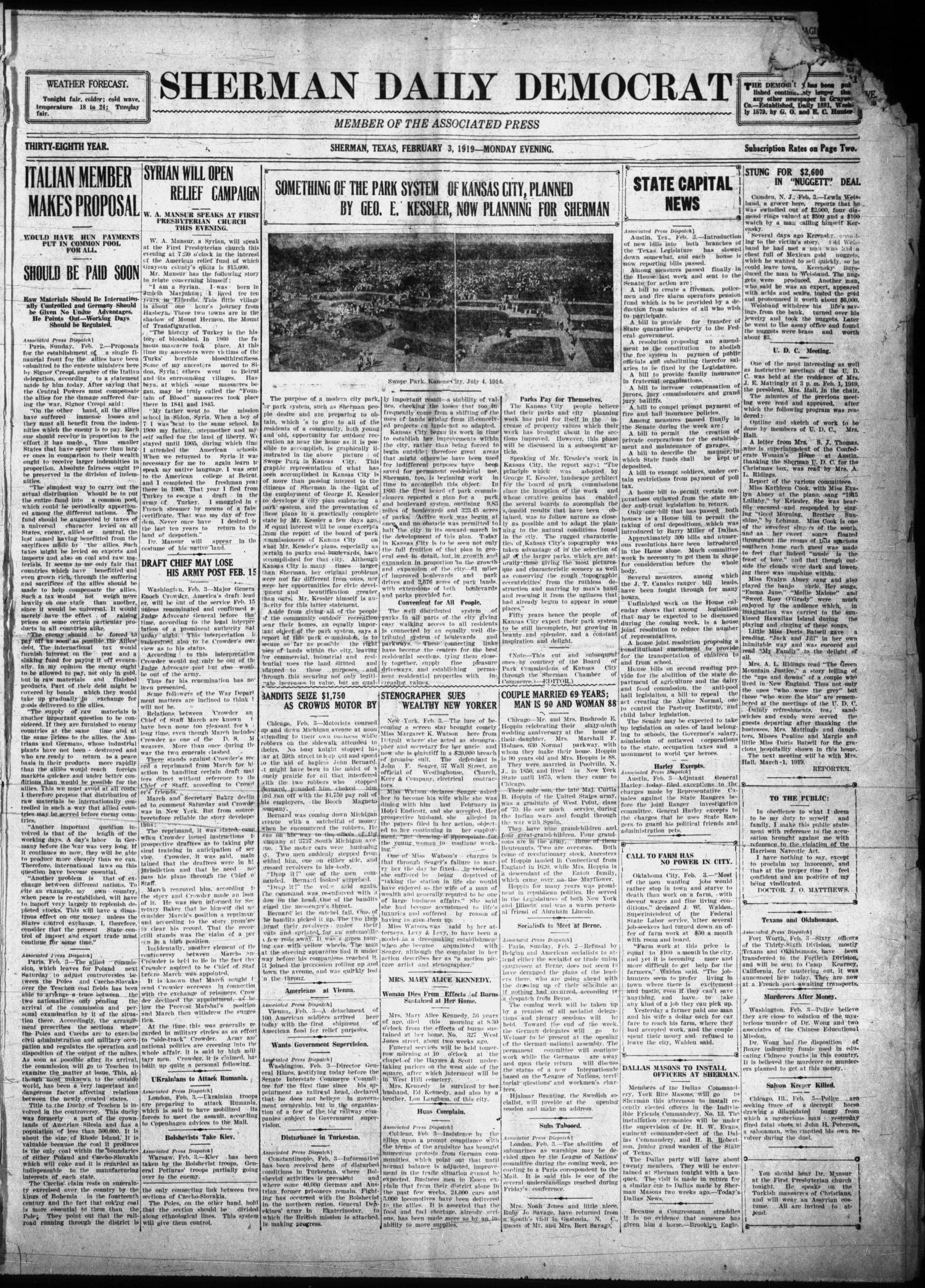 Sherman Daily Democrat (Sherman, Tex.), Vol. THIRTY-EITHTH YEAR, Ed. 1 Monday, February 3, 1919
                                                
                                                    [Sequence #]: 1 of 8
                                                