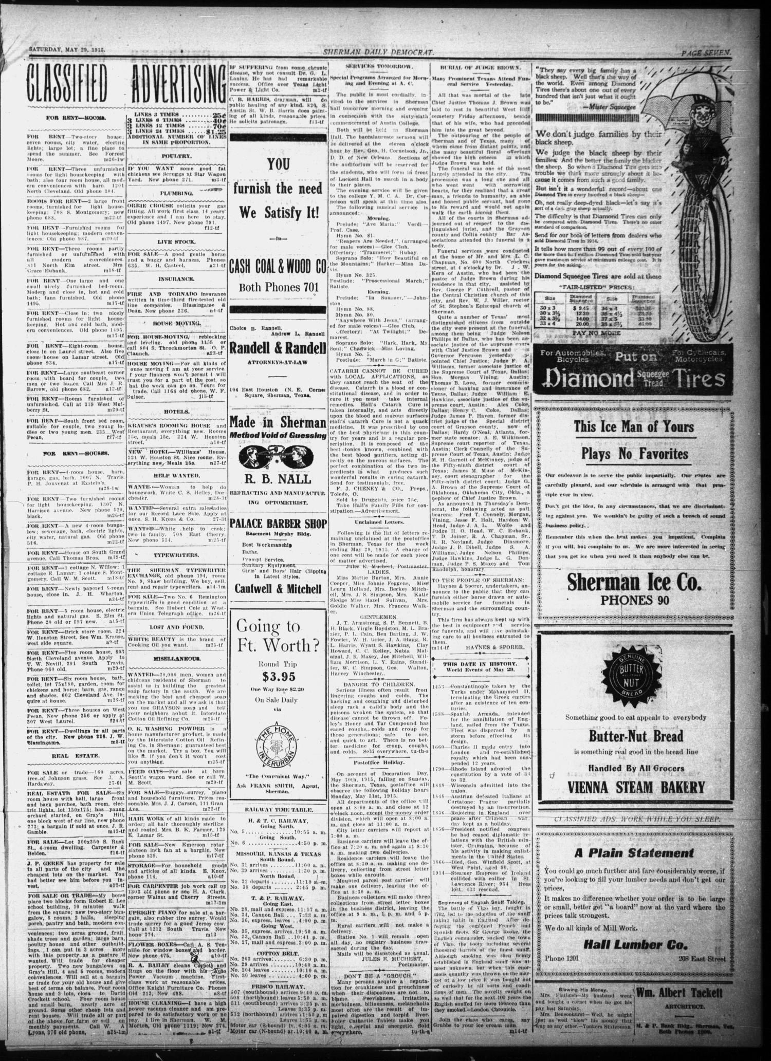Sherman Daily Democrat (Sherman, Tex.), Vol. THIRTY-FOURTH YEAR, Ed. 1 Saturday, May 29, 1915
                                                
                                                    [Sequence #]: 7 of 8
                                                
