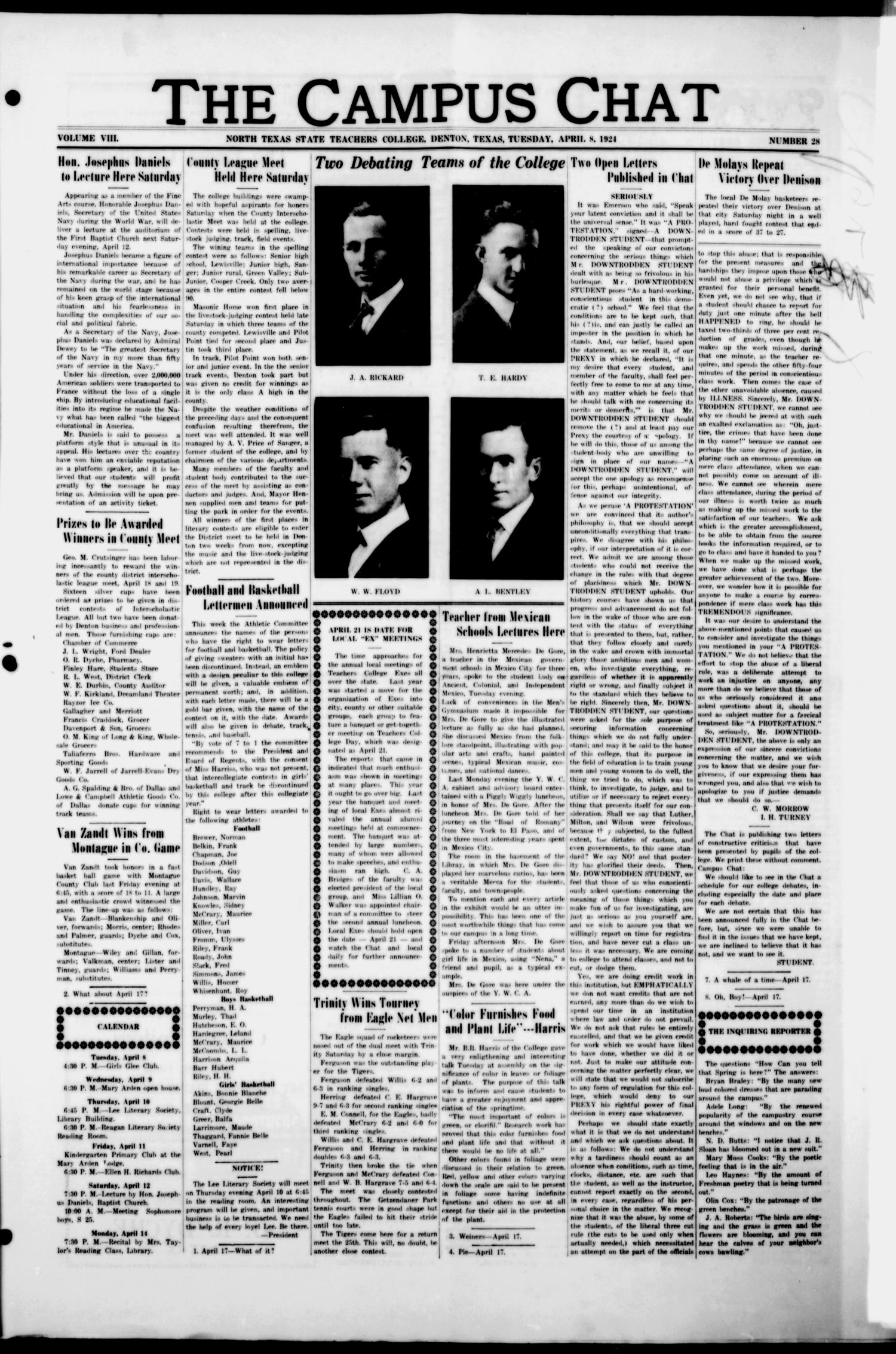 The Campus Chat (Denton, Tex.), Vol. 8, No. 28, Ed. 1 Tuesday, April 8, 1924
                                                
                                                    [Sequence #]: 1 of 4
                                                