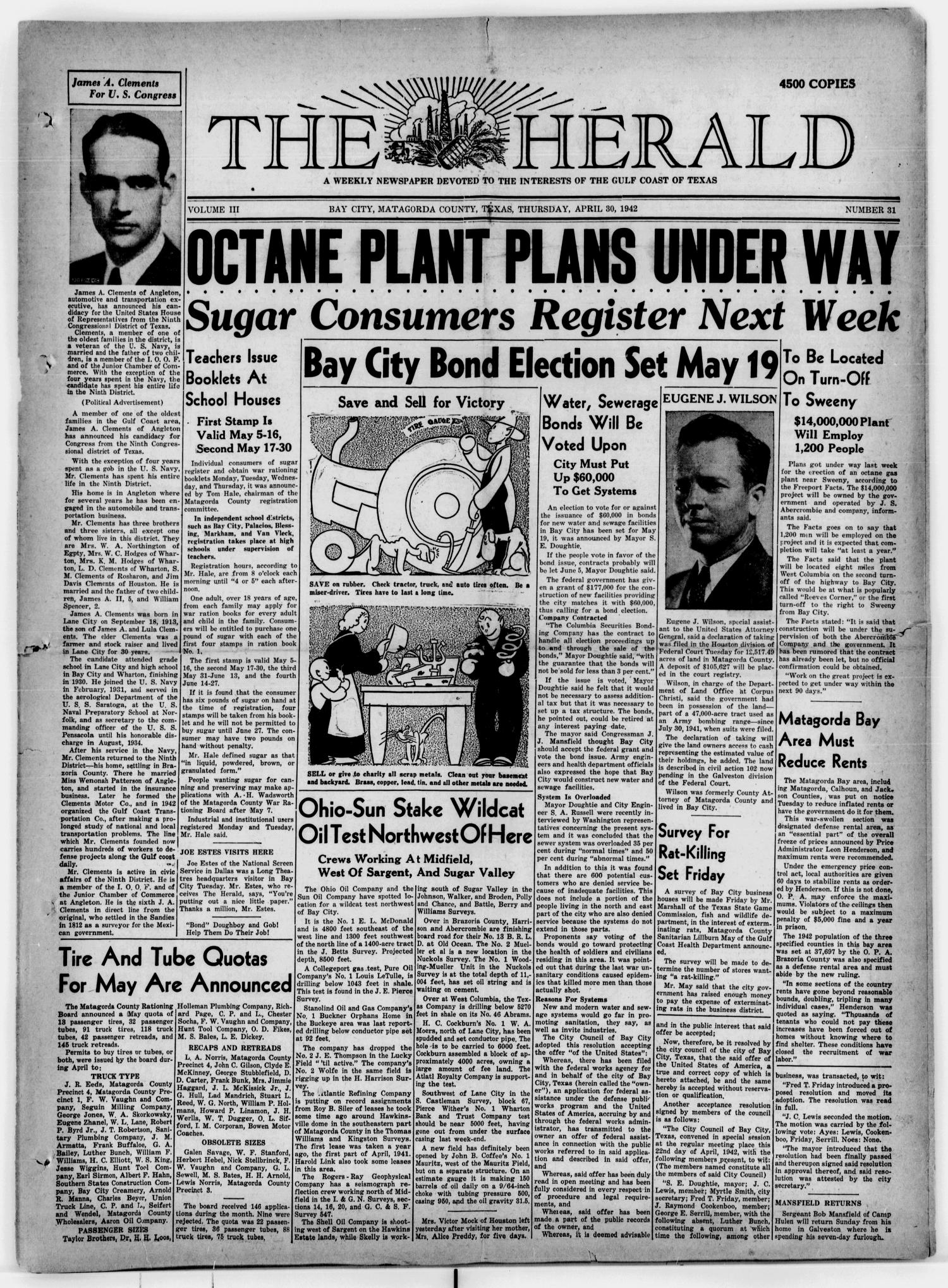 The Herald (Bay City, Tex.), Vol. 3, No. 31, Ed. 1 Thursday, April 30, 1942
                                                
                                                    [Sequence #]: 1 of 8
                                                