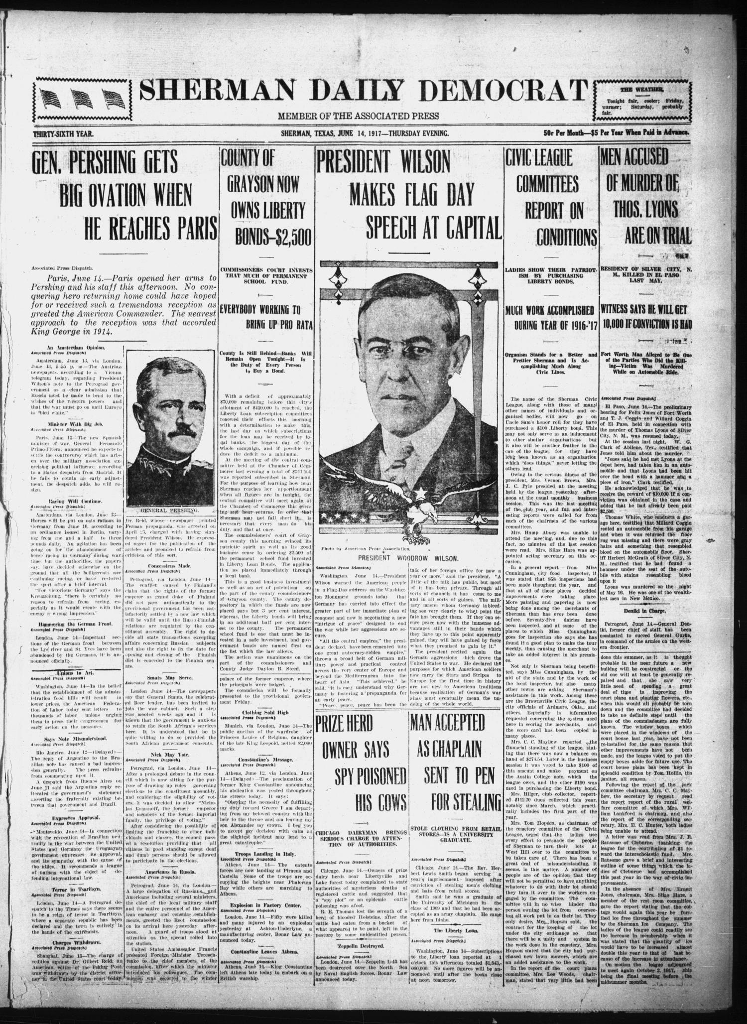 Sherman Daily Democrat (Sherman, Tex.), Vol. THIRTY-SIXTH YEAR, Ed. 1 Thursday, June 14, 1917
                                                
                                                    [Sequence #]: 1 of 8
                                                