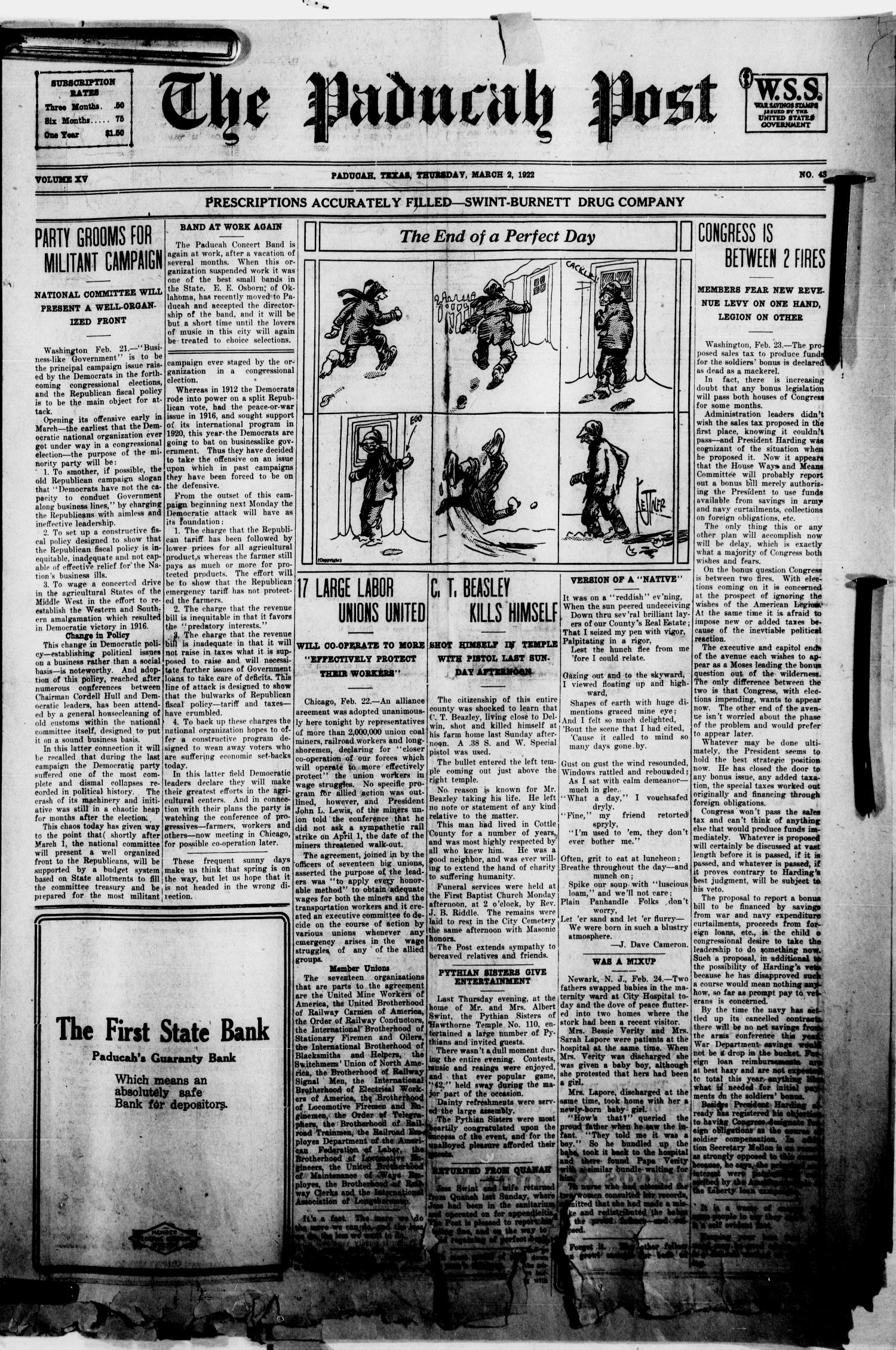 The Paducah Post (Paducah, Tex.), Vol. 15, No. 43, Ed. 1 Thursday, March 2, 1922
                                                
                                                    [Sequence #]: 1 of 8
                                                