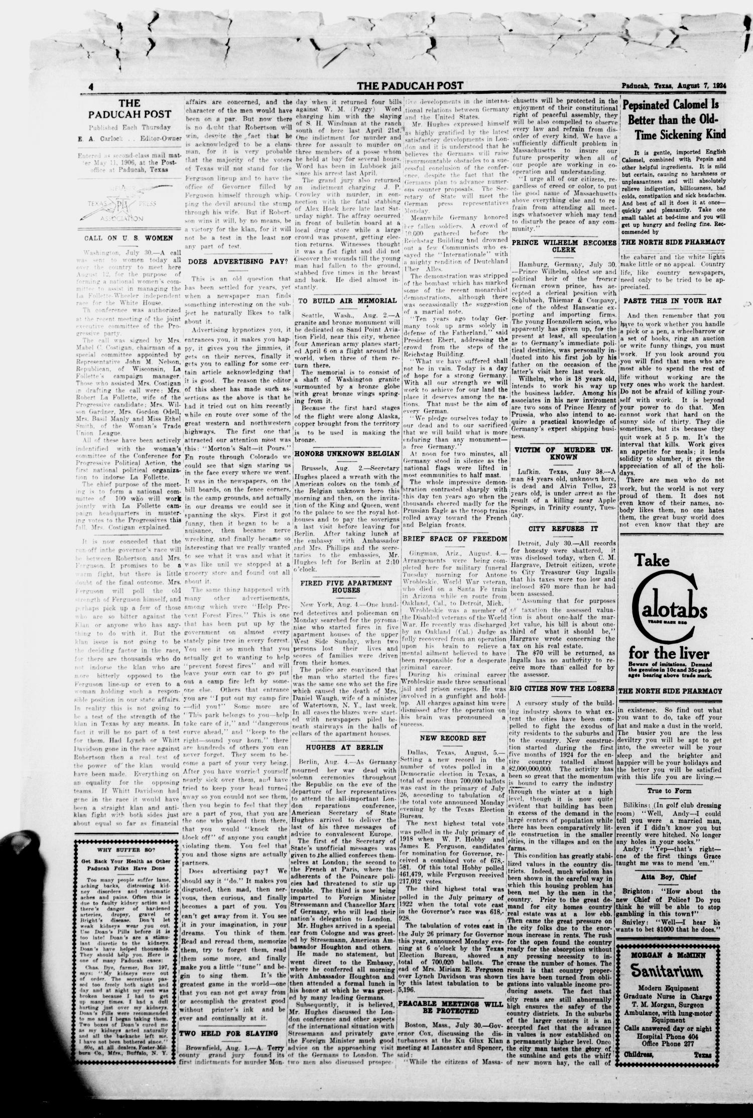 The Paducah Post (Paducah, Tex.), Vol. 18, No. 14, Ed. 1 Thursday, August 7, 1924
                                                
                                                    [Sequence #]: 4 of 8
                                                