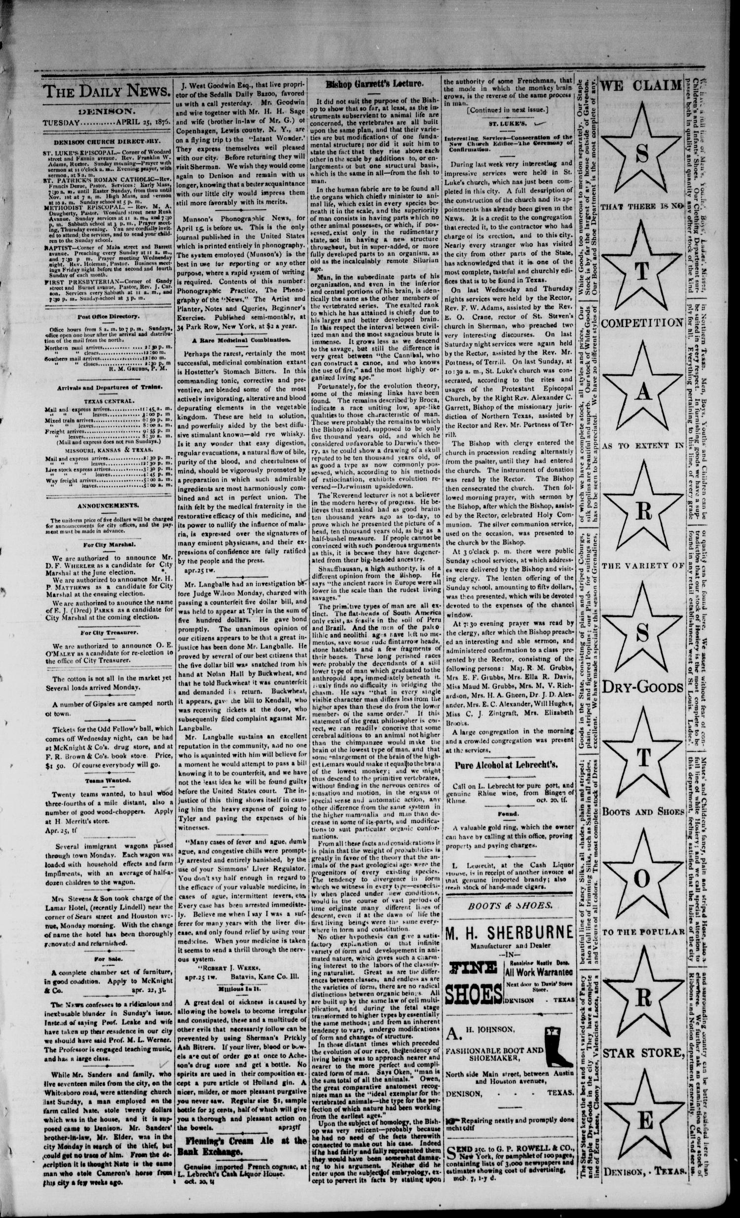 Denison Daily News. (Denison, Tex.), Vol. 4, No. 54, Ed. 1 Tuesday, April 25, 1876
                                                
                                                    [Sequence #]: 3 of 4
                                                