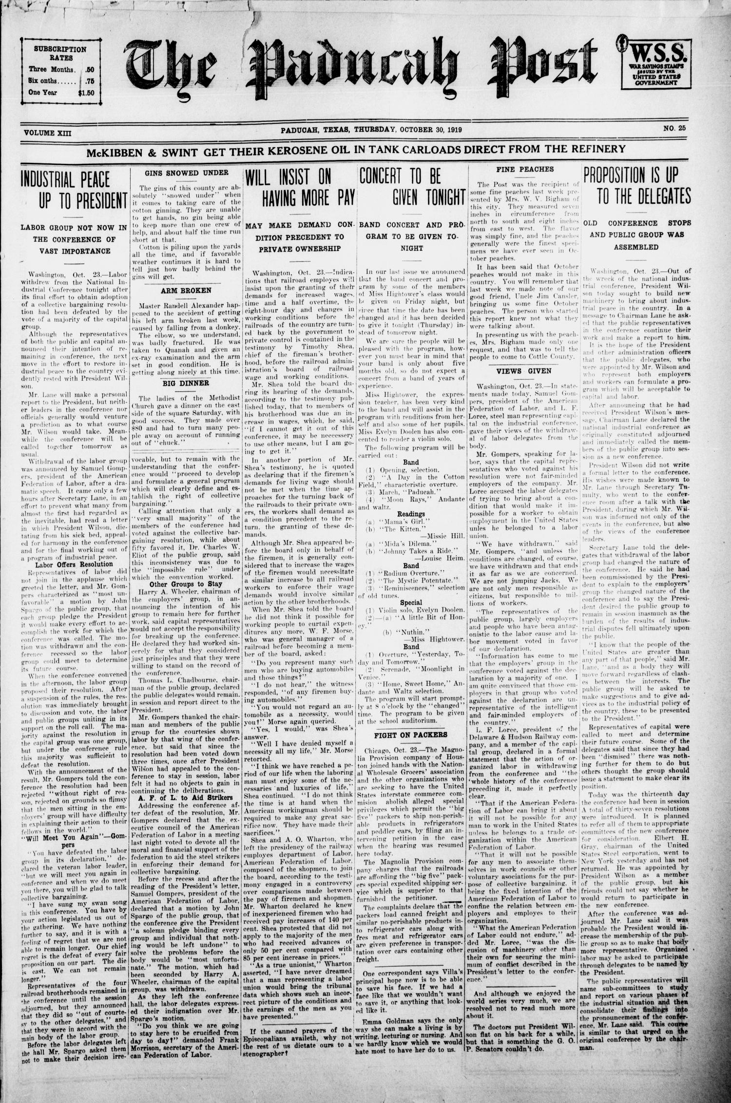The Paducah Post (Paducah, Tex.), Vol. 13, No. 25, Ed. 1 Thursday, October 30, 1919
                                                
                                                    [Sequence #]: 1 of 8
                                                