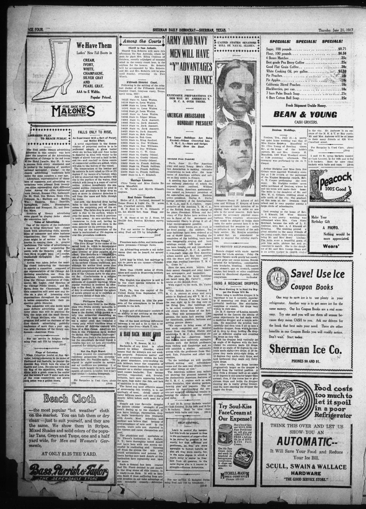 Sherman Daily Democrat (Sherman, Tex.), Vol. THIRTY-SIXTH YEAR, Ed. 1 Thursday, June 21, 1917
                                                
                                                    [Sequence #]: 4 of 8
                                                