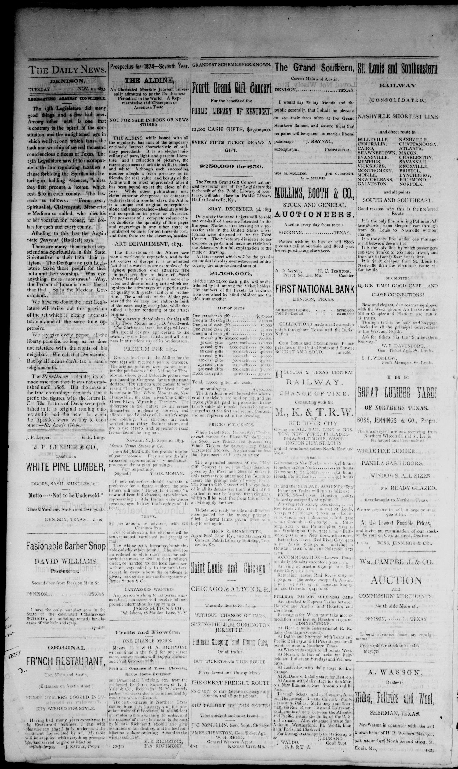 Denison Daily News. (Denison, Tex.), Vol. 1, No. 187, Ed. 1 Tuesday, November 11, 1873
                                                
                                                    [Sequence #]: 4 of 4
                                                