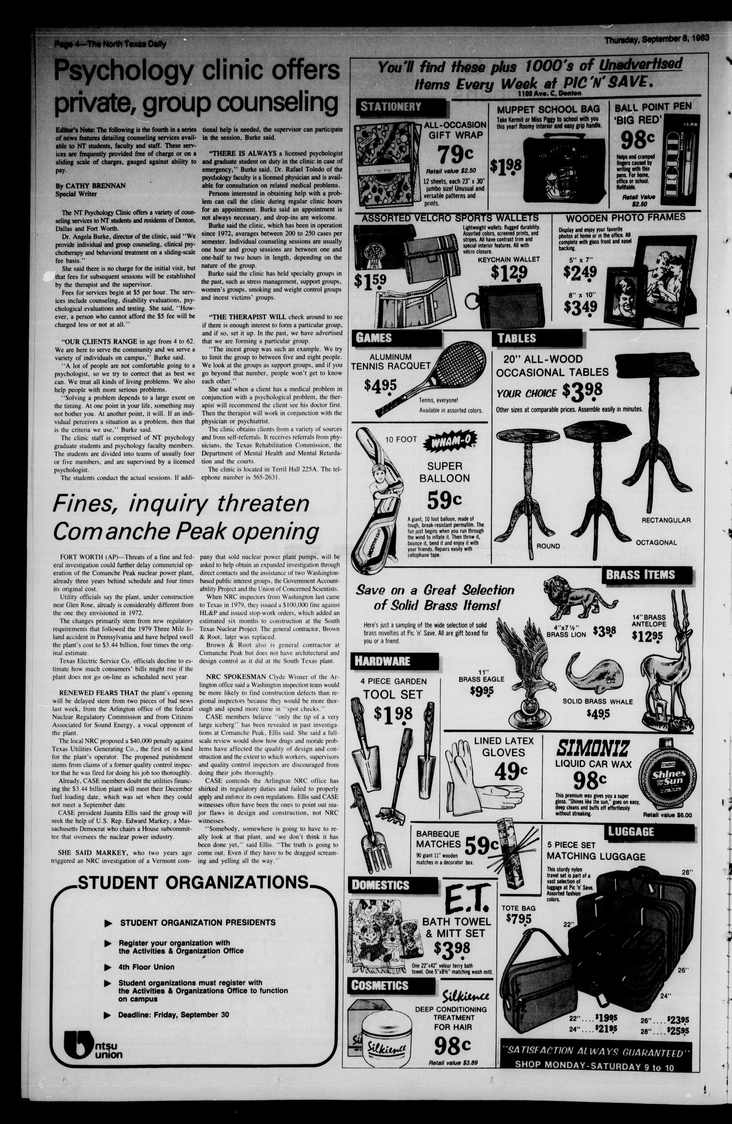 The North Texas Daily (Denton, Tex.), Vol. 67, No. 7, Ed. 1 Thursday, September 8, 1983
                                                
                                                    [Sequence #]: 4 of 8
                                                