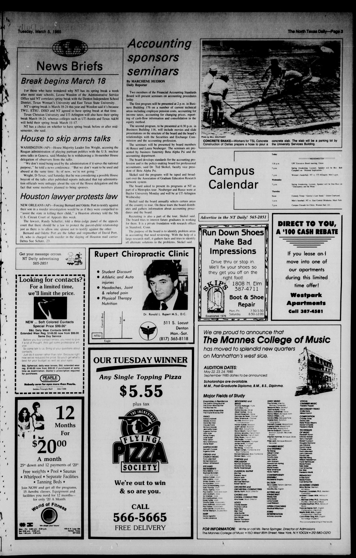 The North Texas Daily (Denton, Tex.), Vol. 68, No. 81, Ed. 1 Tuesday, March 5, 1985
                                                
                                                    [Sequence #]: 3 of 8
                                                