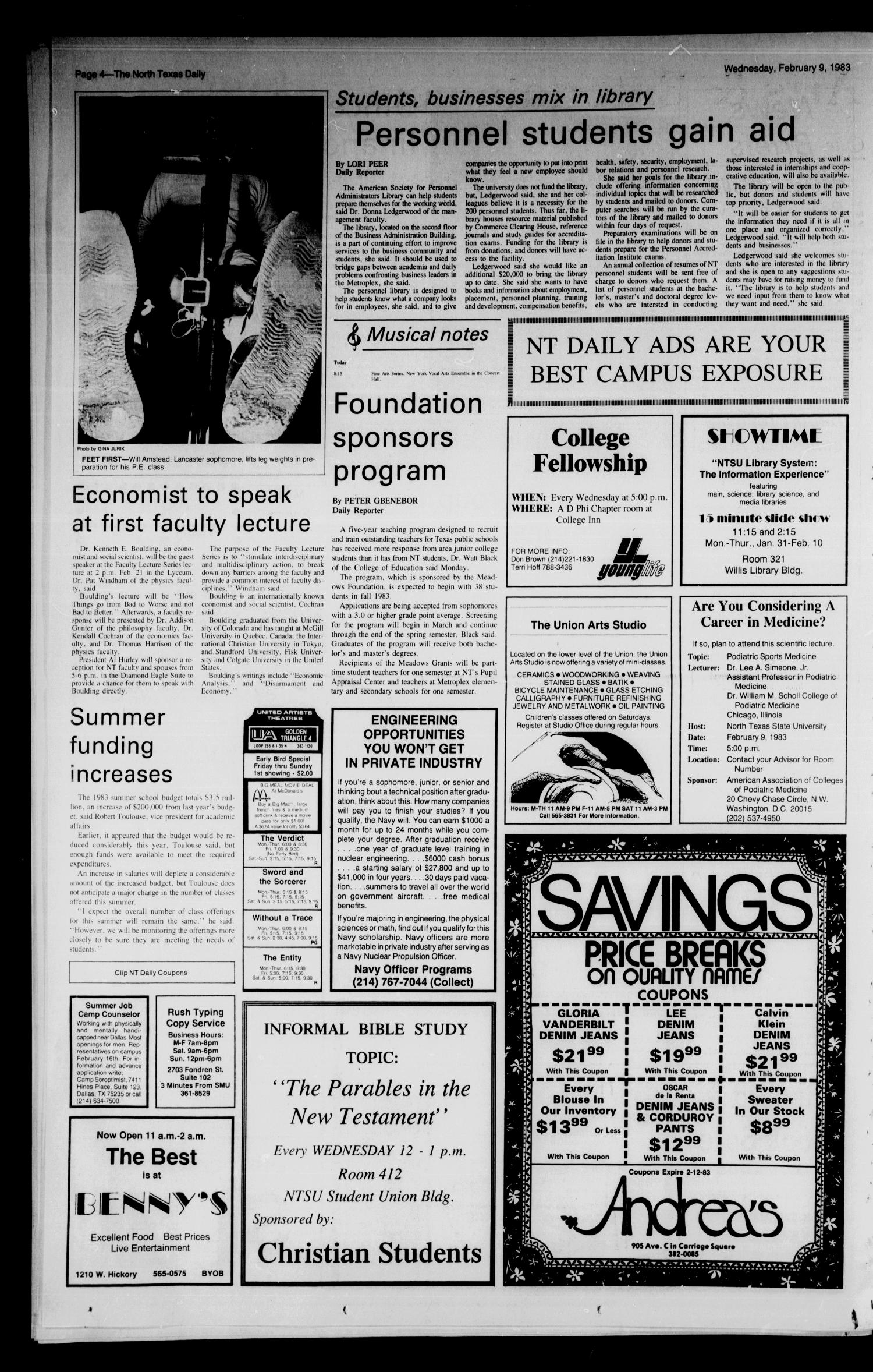 The North Texas Daily (Denton, Tex.), Vol. 66, No. 68, Ed. 1 Wednesday, February 9, 1983
                                                
                                                    [Sequence #]: 4 of 6
                                                
