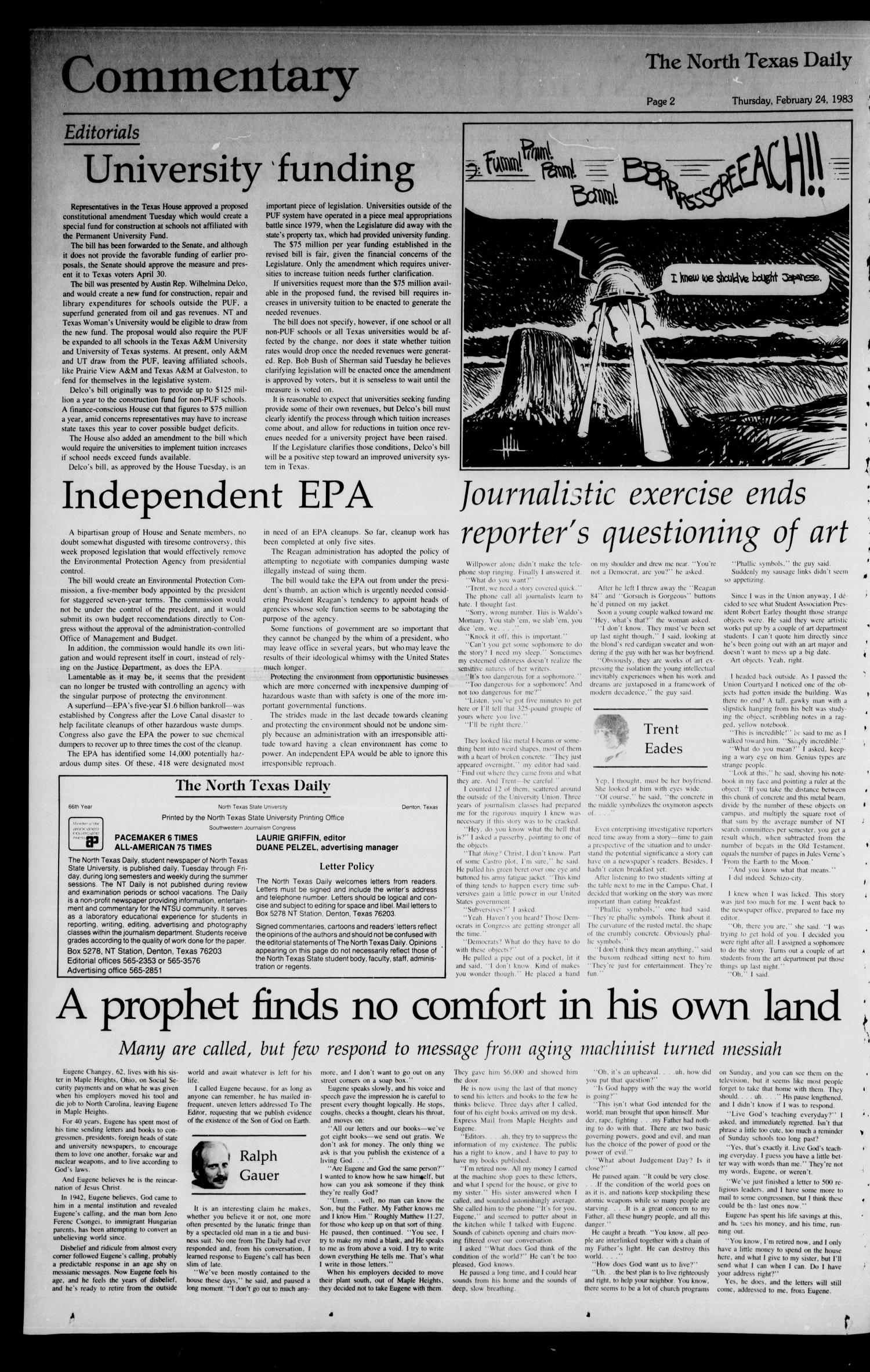 The North Texas Daily (Denton, Tex.), Vol. 66, No. 77, Ed. 1 Thursday, February 24, 1983
                                                
                                                    [Sequence #]: 2 of 6
                                                