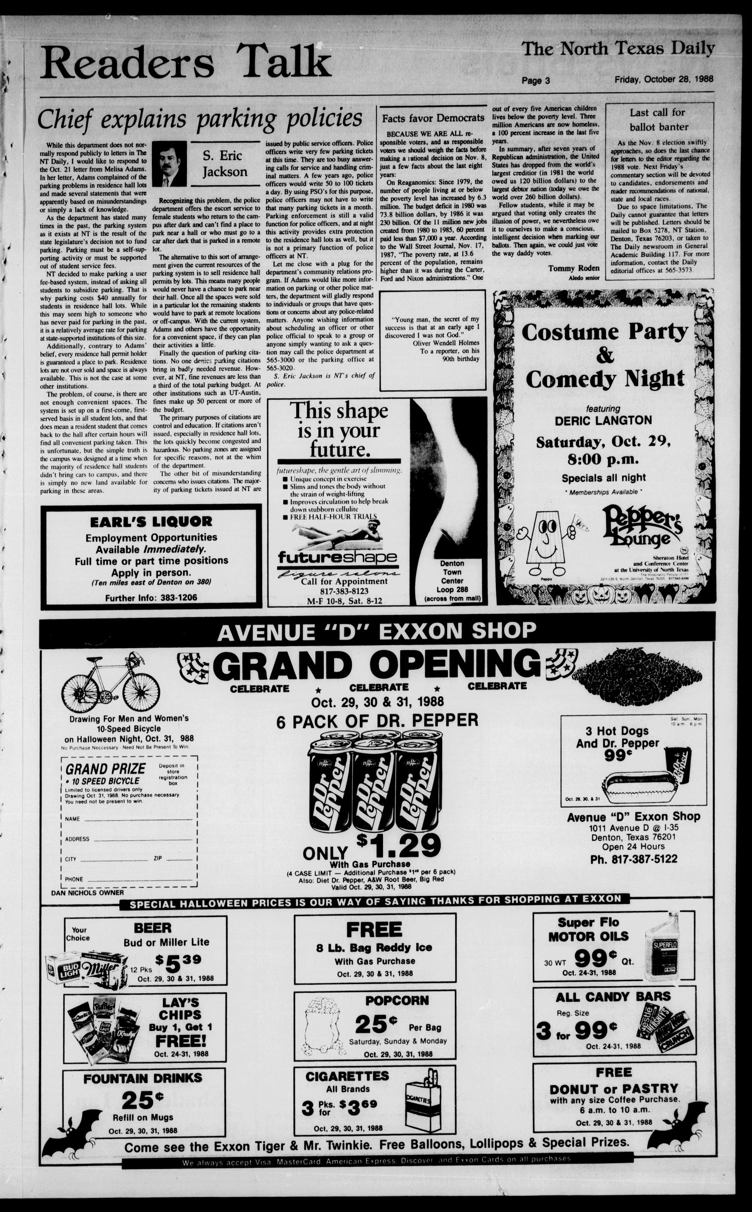 The North Texas Daily (Denton, Tex.), Vol. 72, No. 36, Ed. 1 Friday, October 28, 1988
                                                
                                                    [Sequence #]: 3 of 10
                                                